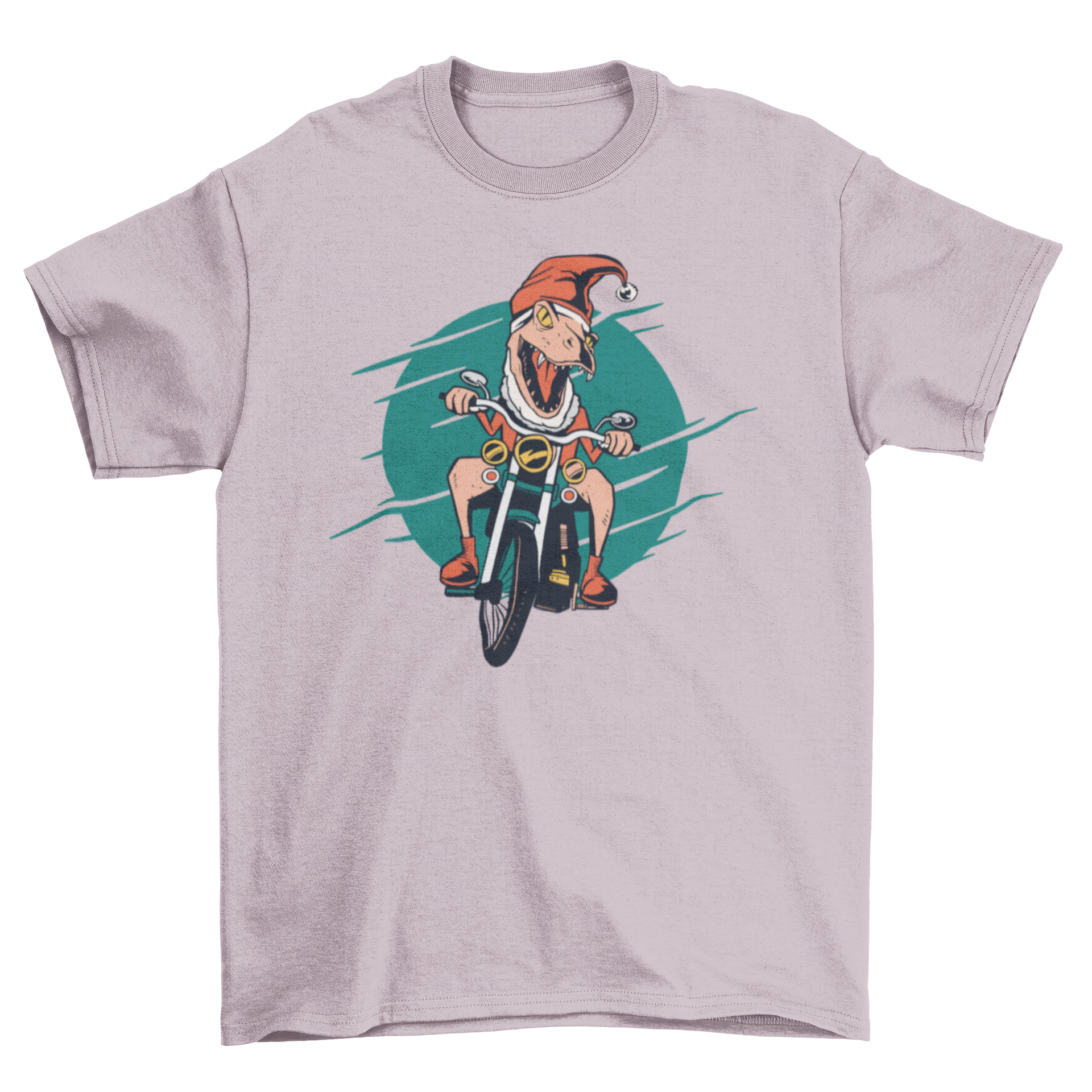 A T-rex dressed as Santa Claus riding a motorbike on a festive t-shirt.