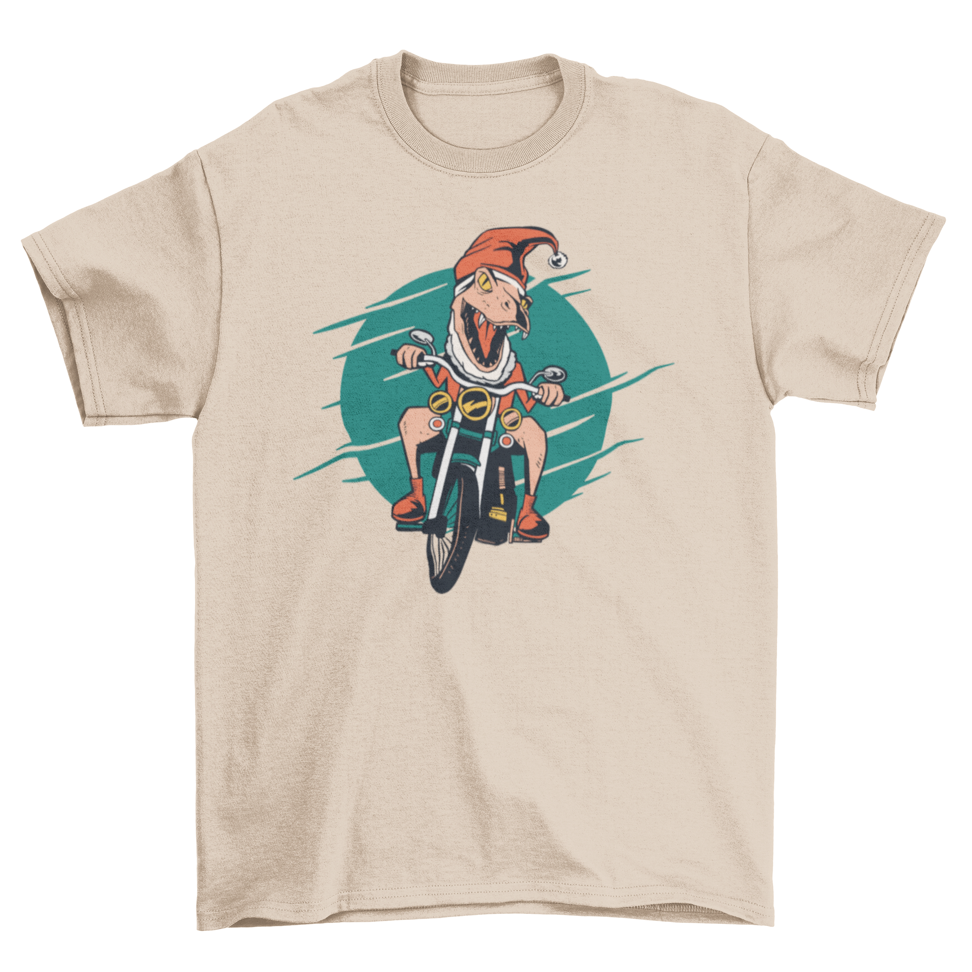 A T-rex dressed as Santa Claus riding a motorbike on a festive t-shirt.