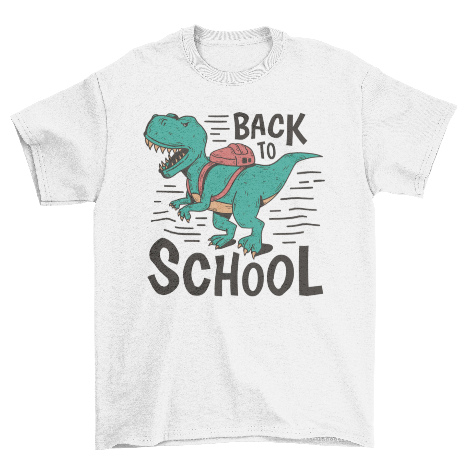 A colorful t-shirt featuring a T-rex dinosaur with a backpack and the quote 'Back to school', perfect for kids.