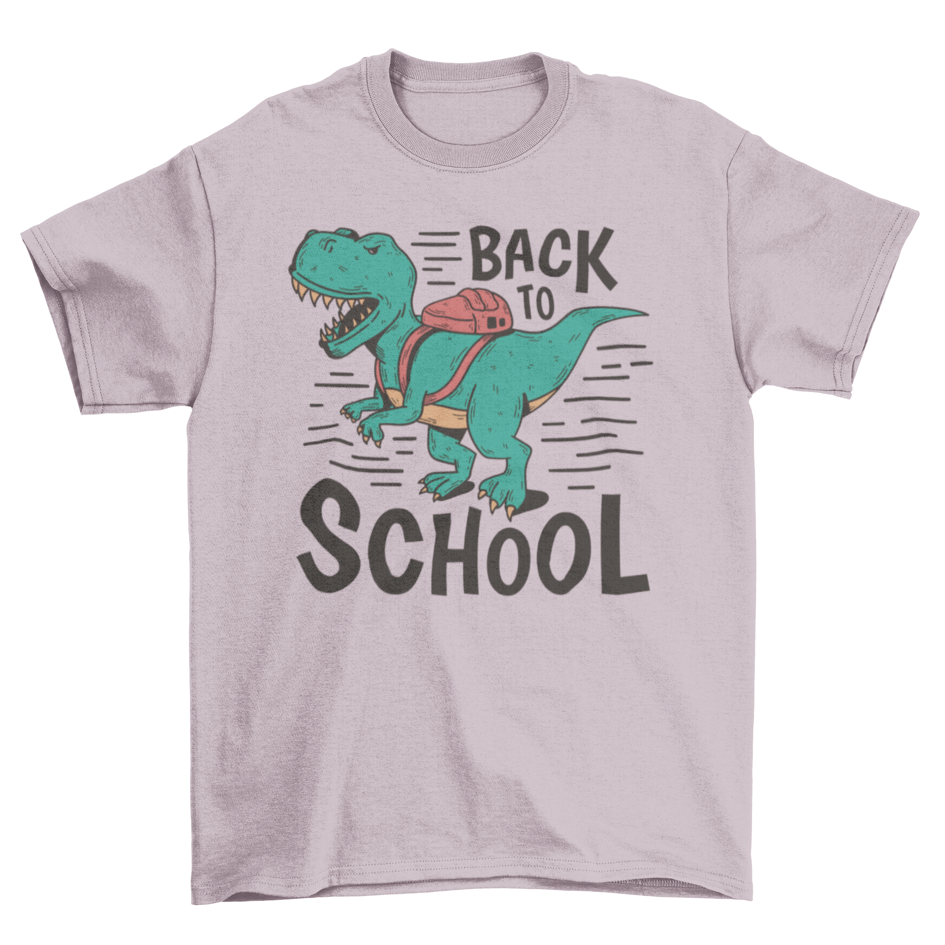 A colorful t-shirt featuring a T-rex dinosaur with a backpack and the quote 'Back to school', perfect for kids.