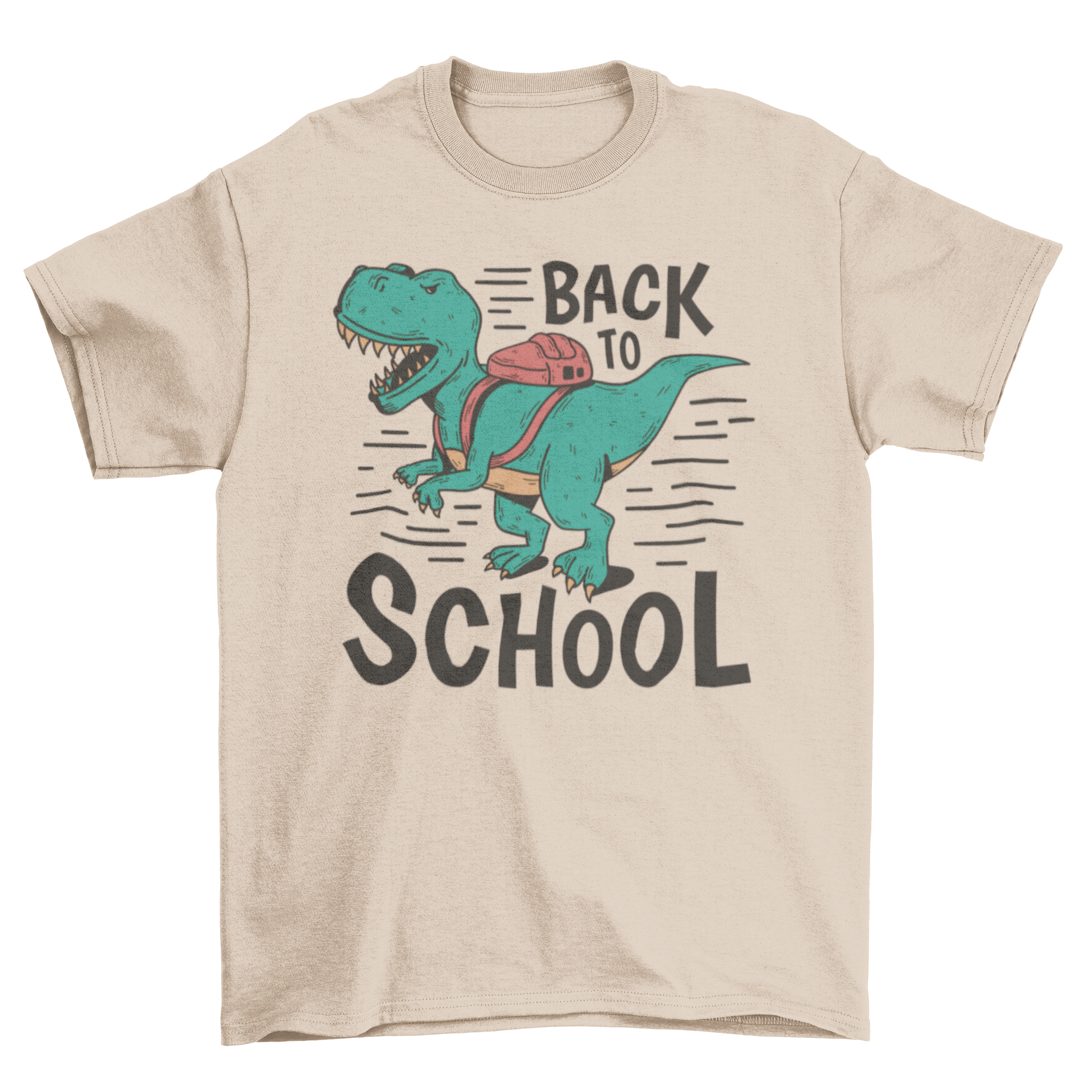 A colorful t-shirt featuring a T-rex dinosaur with a backpack and the quote 'Back to school', perfect for kids.