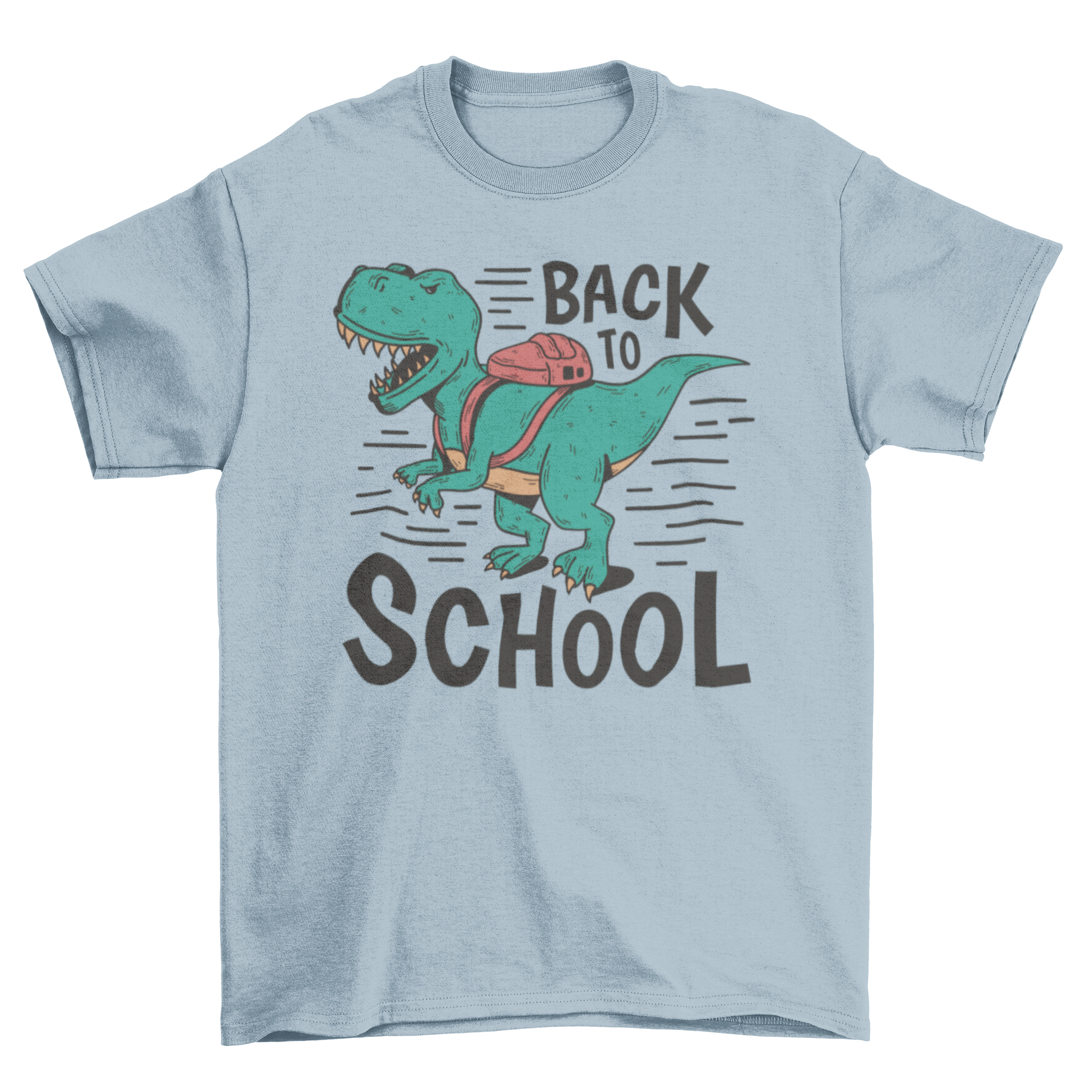 A colorful t-shirt featuring a T-rex dinosaur with a backpack and the quote 'Back to school', perfect for kids.