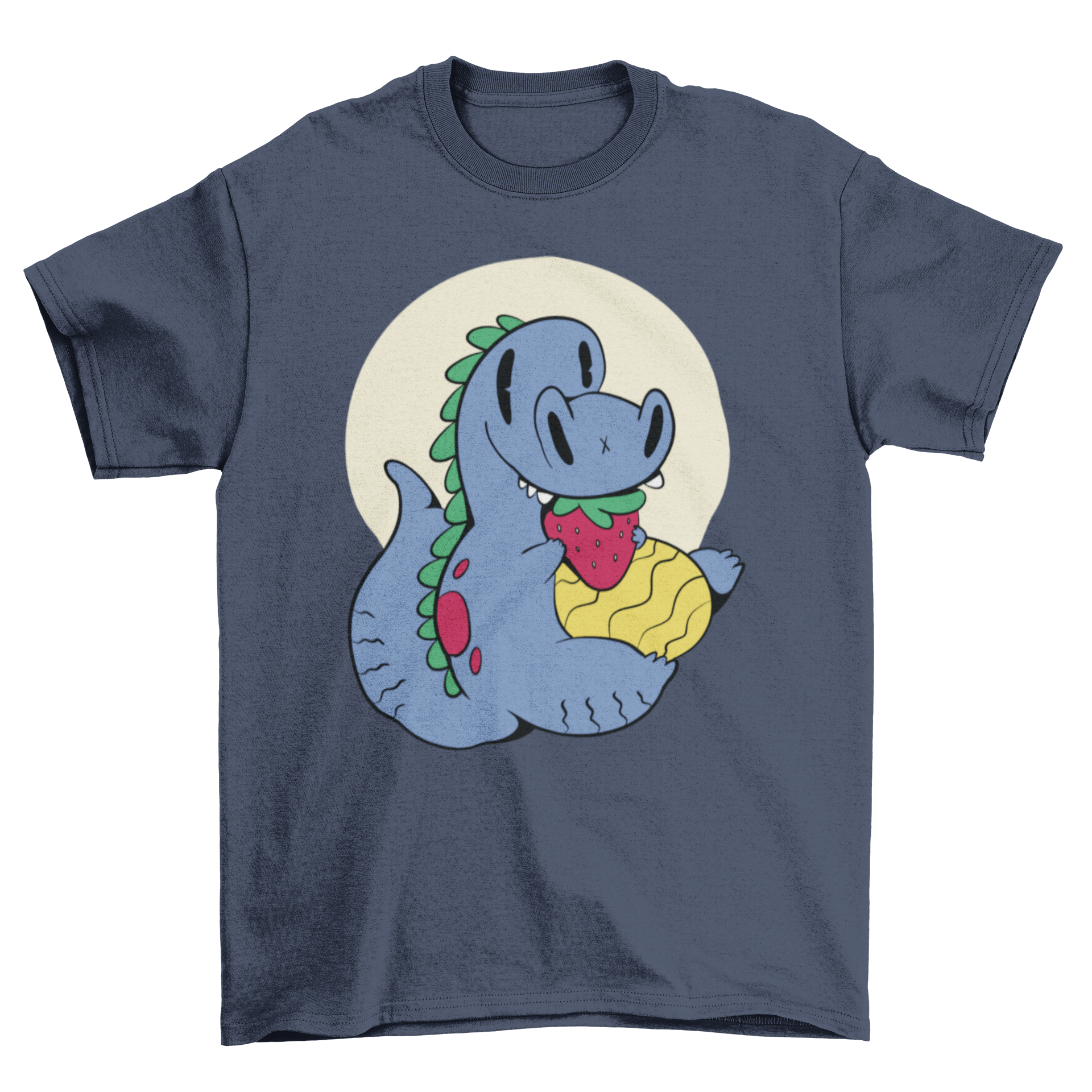 A playful T-rex dinosaur graphic on a t-shirt, munching on a bright red strawberry.