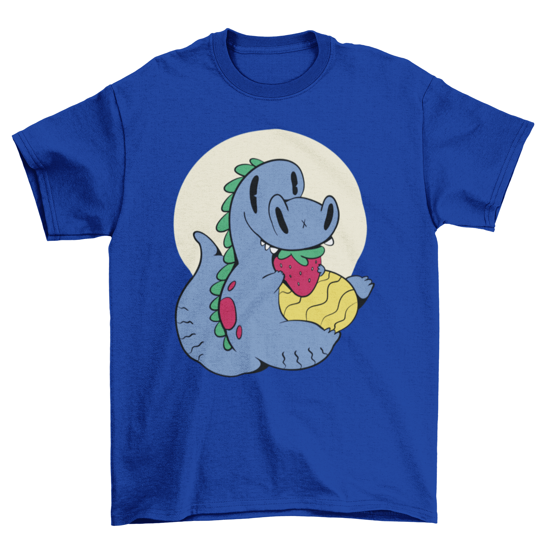 A playful T-rex dinosaur graphic on a t-shirt, munching on a bright red strawberry.