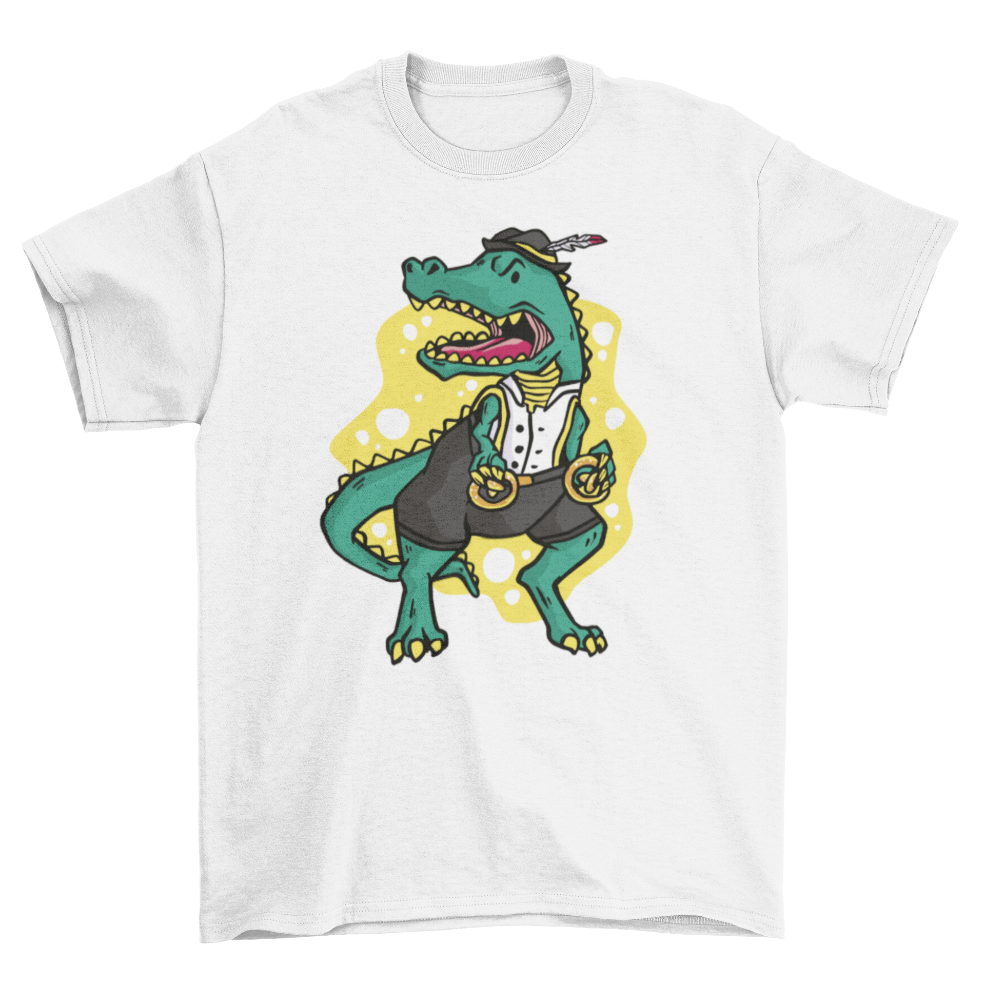 A humorous T-rex dinosaur wearing traditional German Oktoberfest attire, including lederhosen and a hat, printed on a t-shirt.