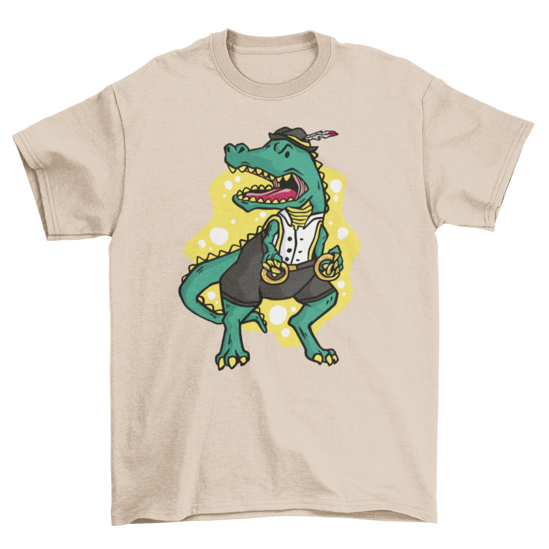 A humorous T-rex dinosaur wearing traditional German Oktoberfest attire, including lederhosen and a hat, printed on a t-shirt.