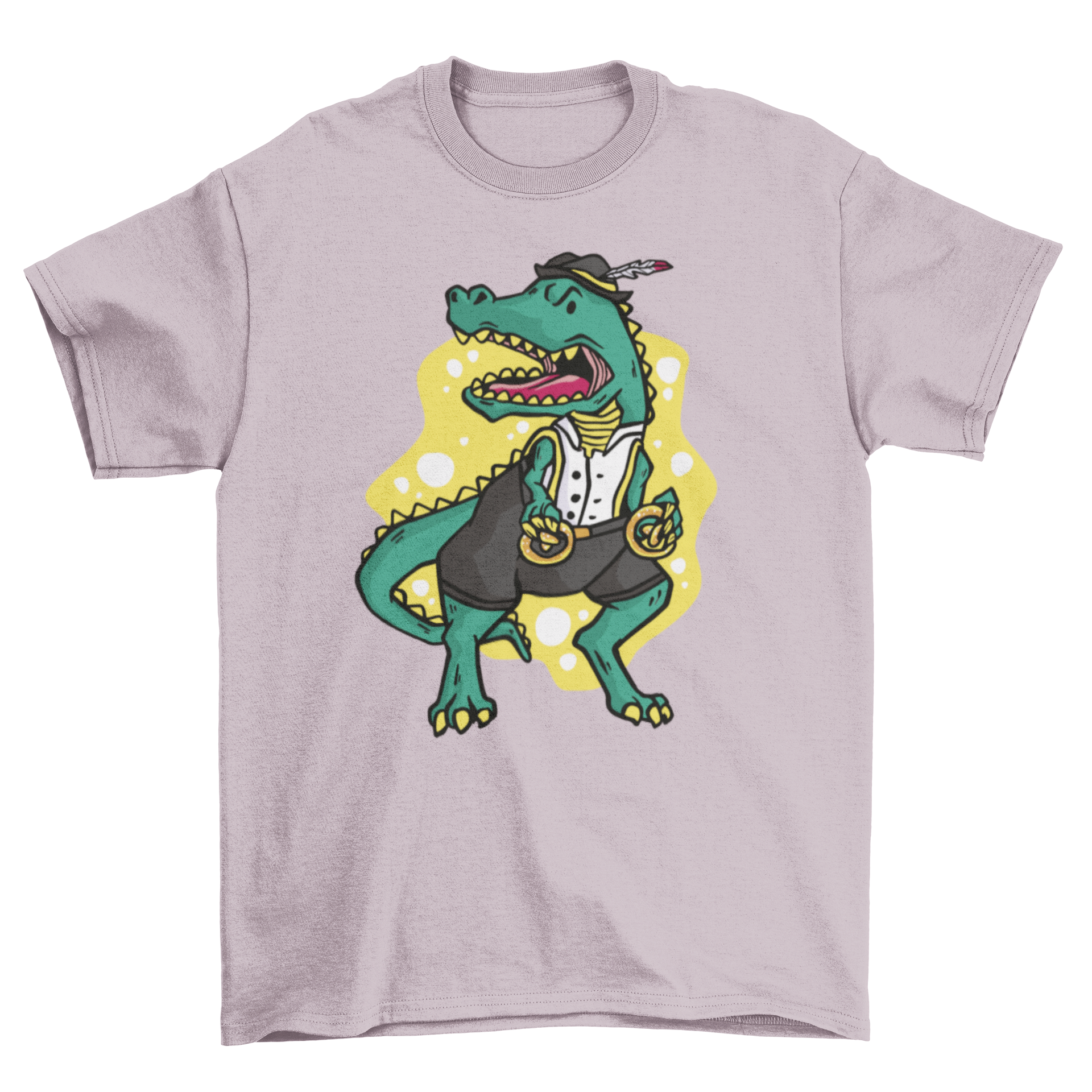 A humorous T-rex dinosaur wearing traditional German Oktoberfest attire, including lederhosen and a hat, printed on a t-shirt.