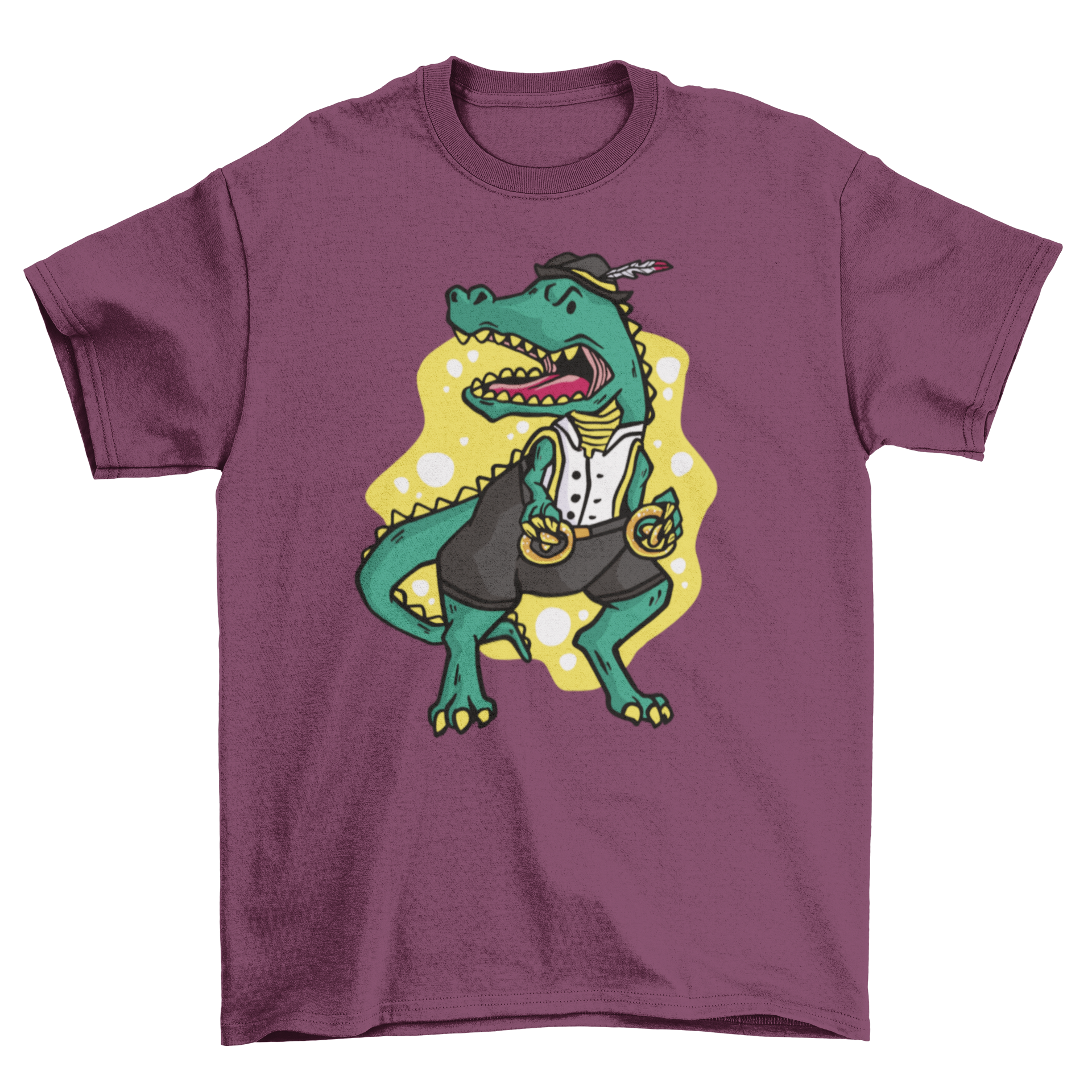 A humorous T-rex dinosaur wearing traditional German Oktoberfest attire, including lederhosen and a hat, printed on a t-shirt.