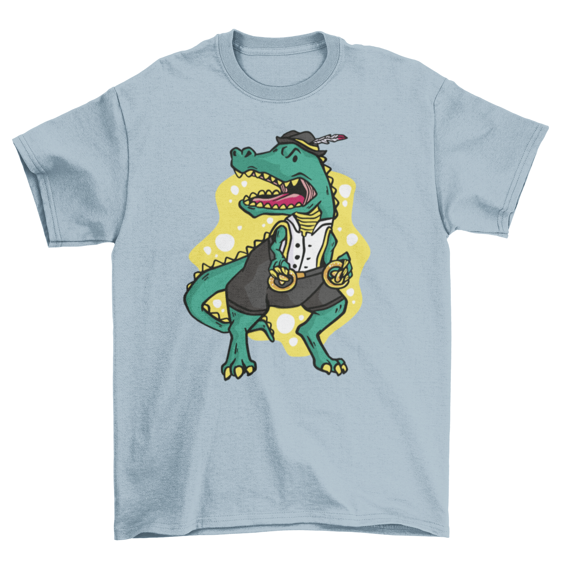 A humorous T-rex dinosaur wearing traditional German Oktoberfest attire, including lederhosen and a hat, printed on a t-shirt.