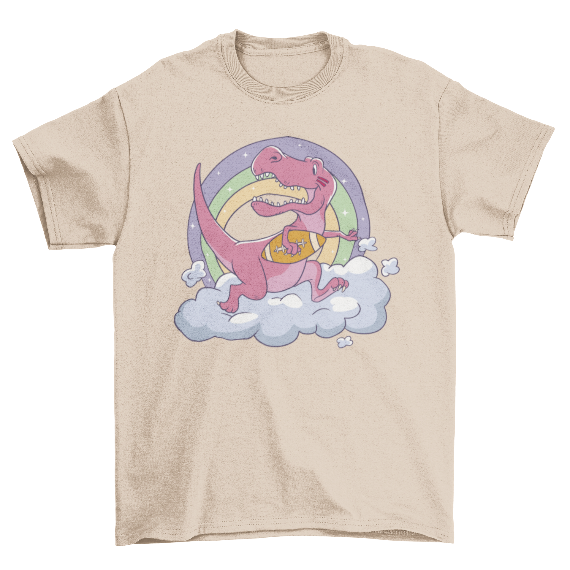 A colorful t-shirt featuring a playful T-rex dinosaur kicking a football with a rainbow in the background.