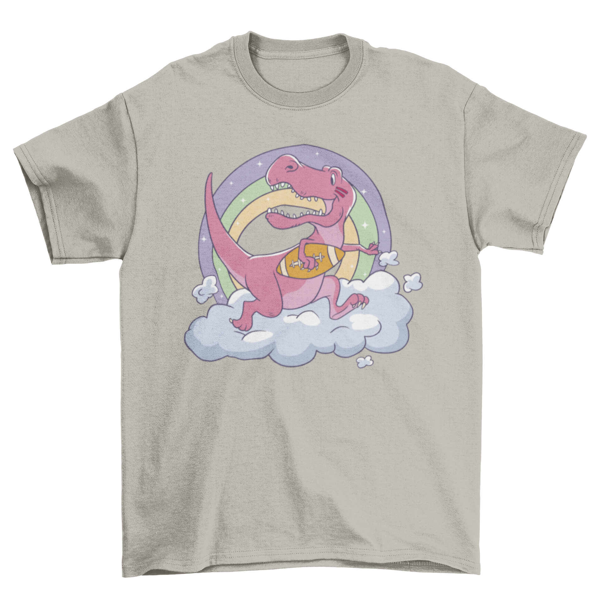 A colorful t-shirt featuring a playful T-rex dinosaur kicking a football with a rainbow in the background.