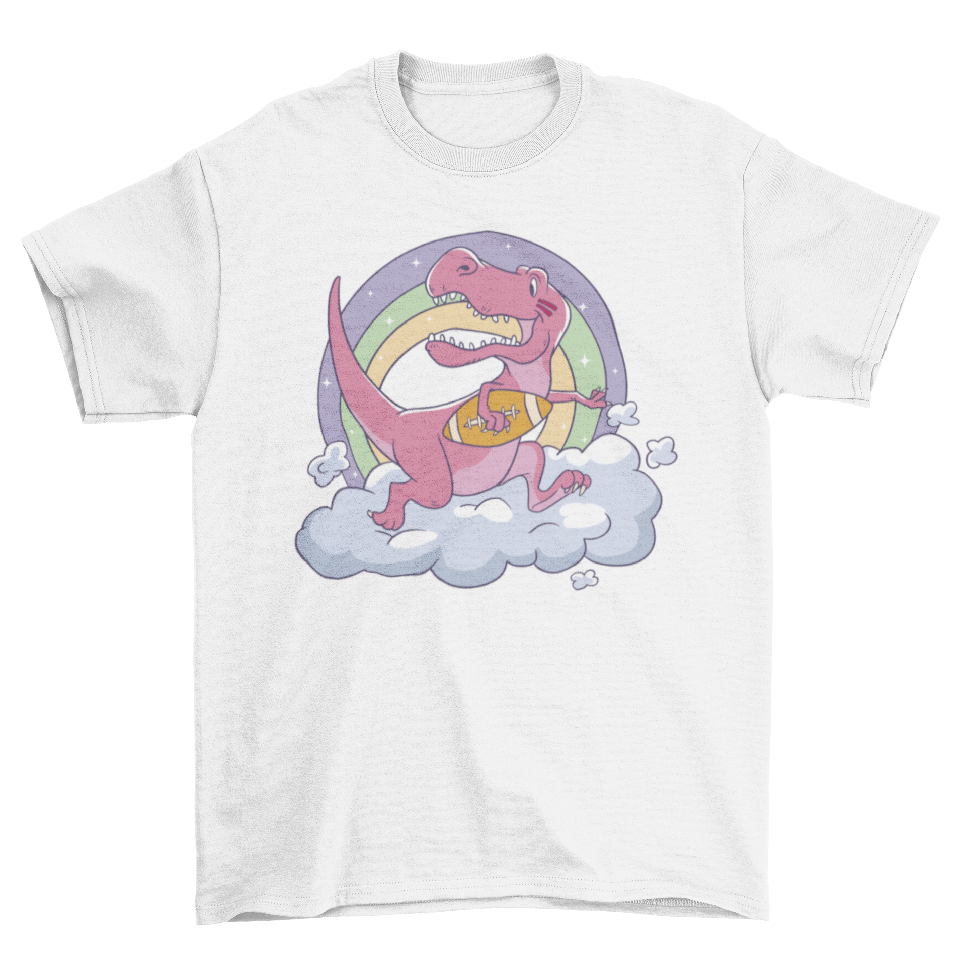 A colorful t-shirt featuring a playful T-rex dinosaur kicking a football with a rainbow in the background.