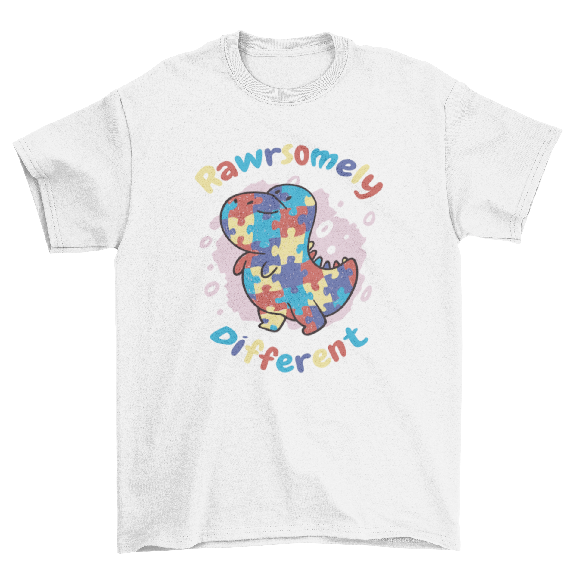 Colorful T-rex dinosaur t-shirt design featuring puzzle pieces and the quote 'Rawrsomely different'.