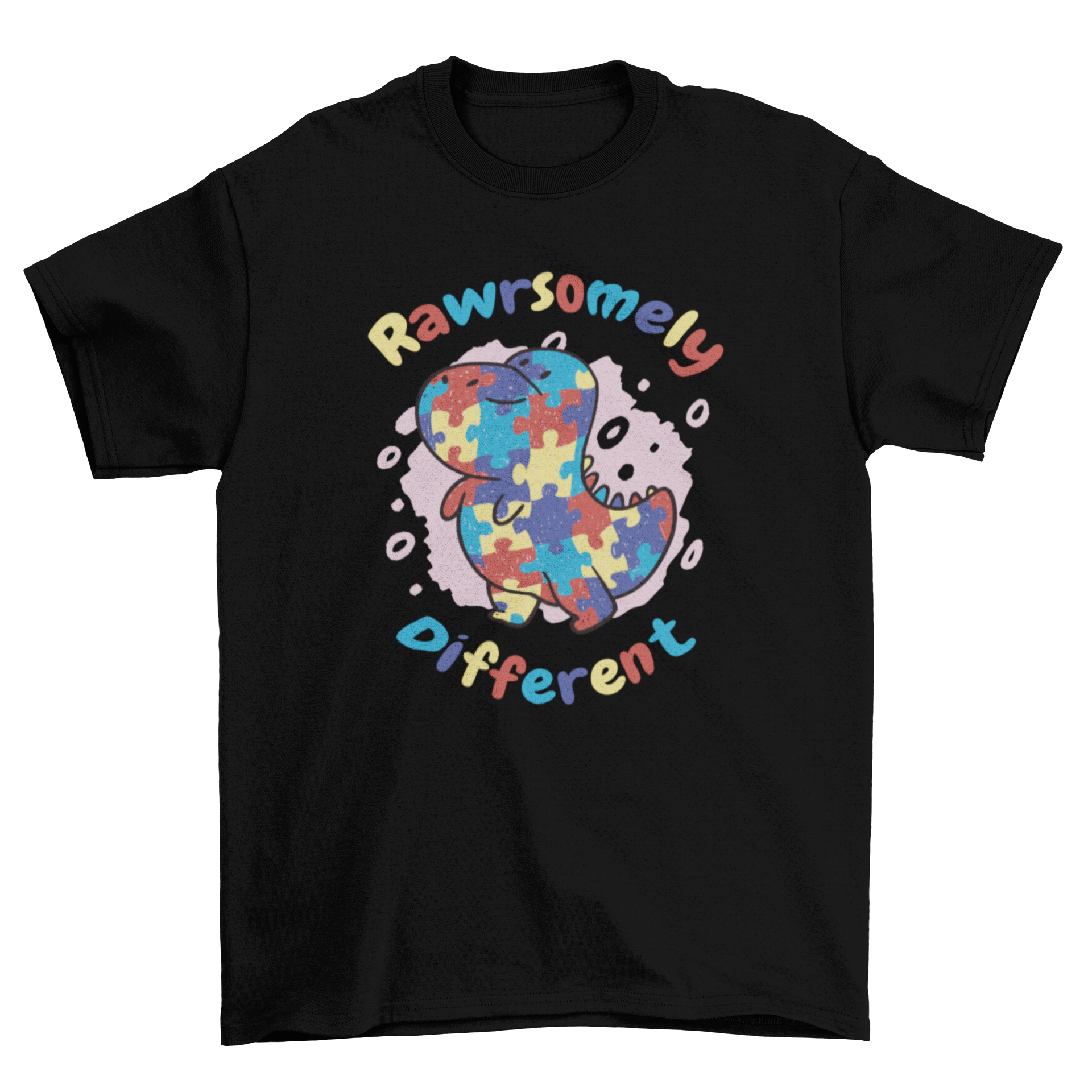 Colorful T-rex dinosaur t-shirt design featuring puzzle pieces and the quote 'Rawrsomely different'.