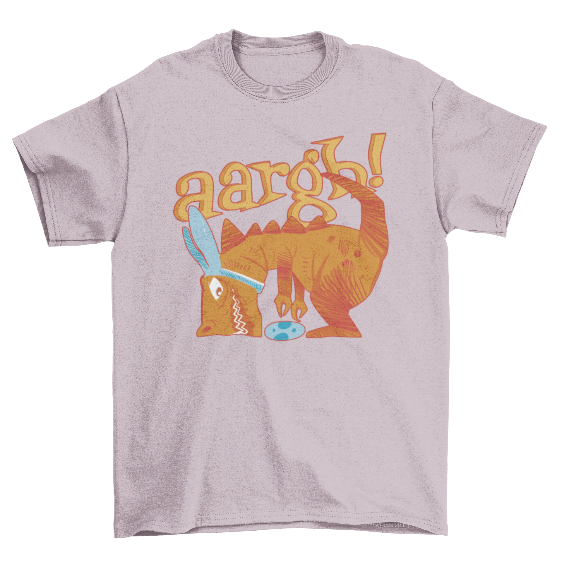 A vibrant t-shirt featuring a T-rex dinosaur picking up an Easter egg with the quote 'Aaargh'.