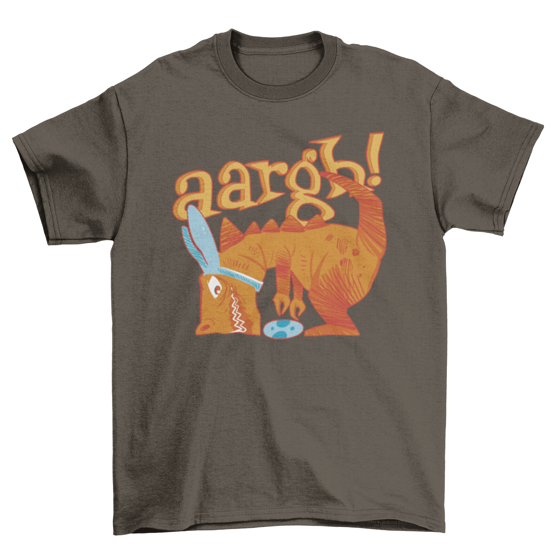 A vibrant t-shirt featuring a T-rex dinosaur picking up an Easter egg with the quote 'Aaargh'.