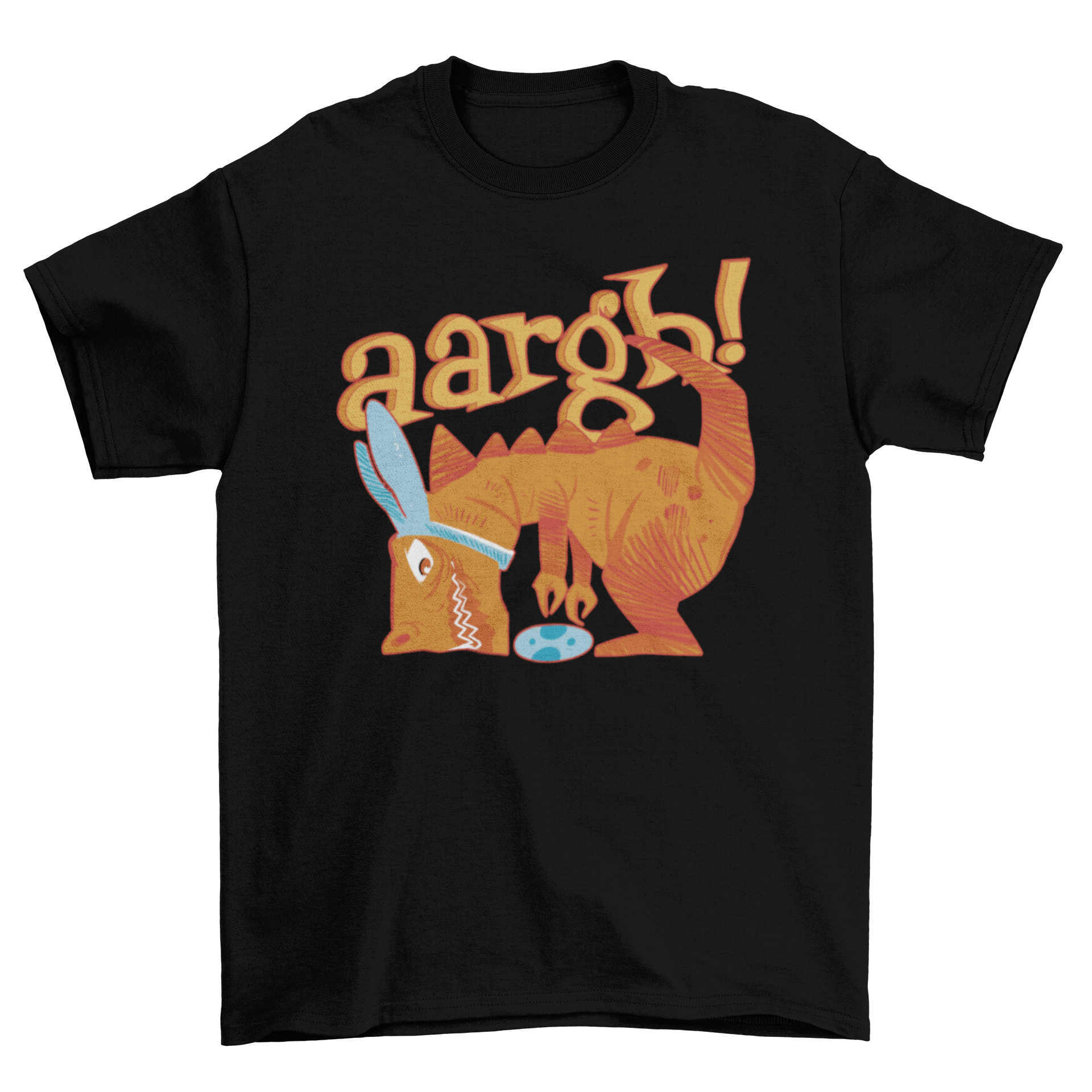 A vibrant t-shirt featuring a T-rex dinosaur picking up an Easter egg with the quote 'Aaargh'.