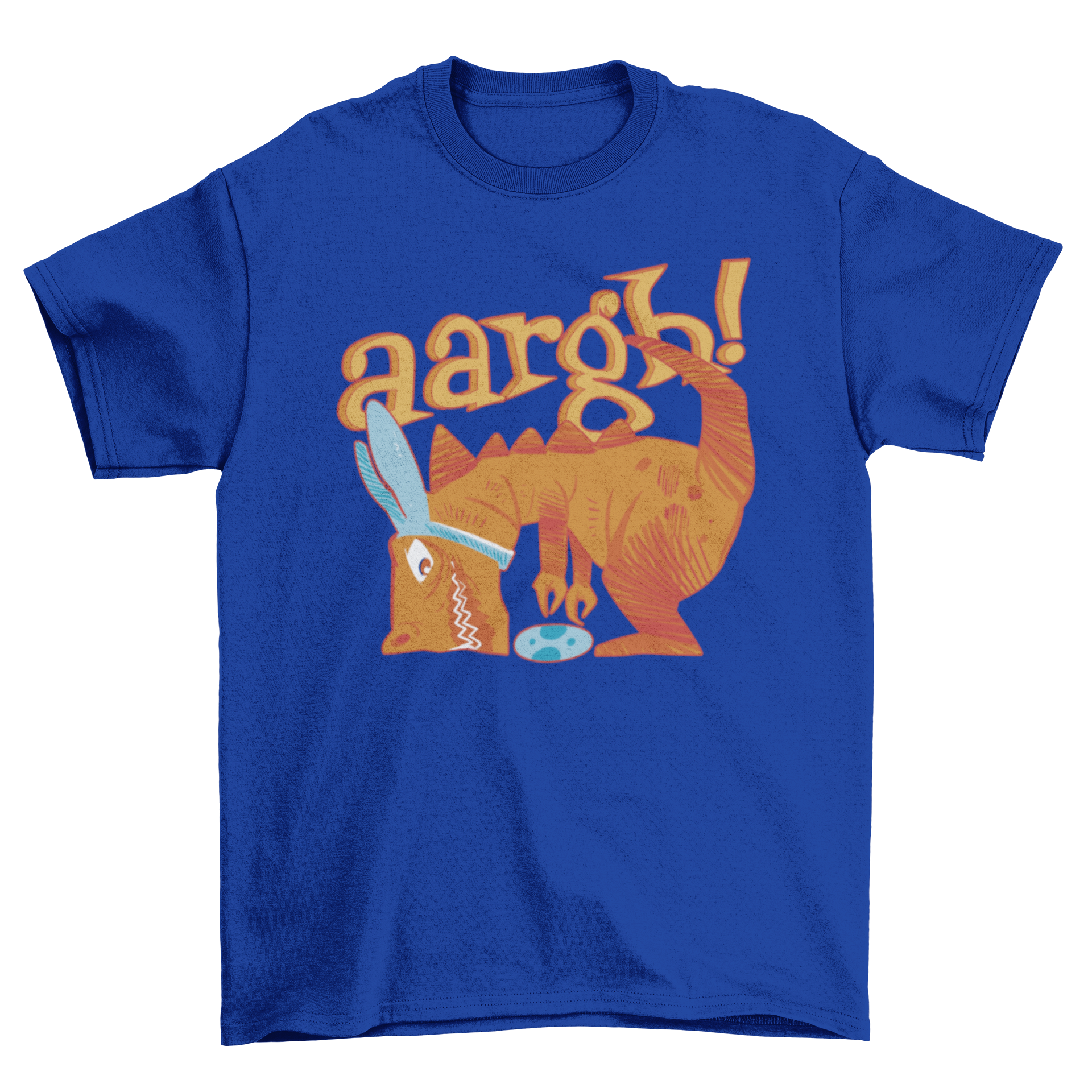 A vibrant t-shirt featuring a T-rex dinosaur picking up an Easter egg with the quote 'Aaargh'.