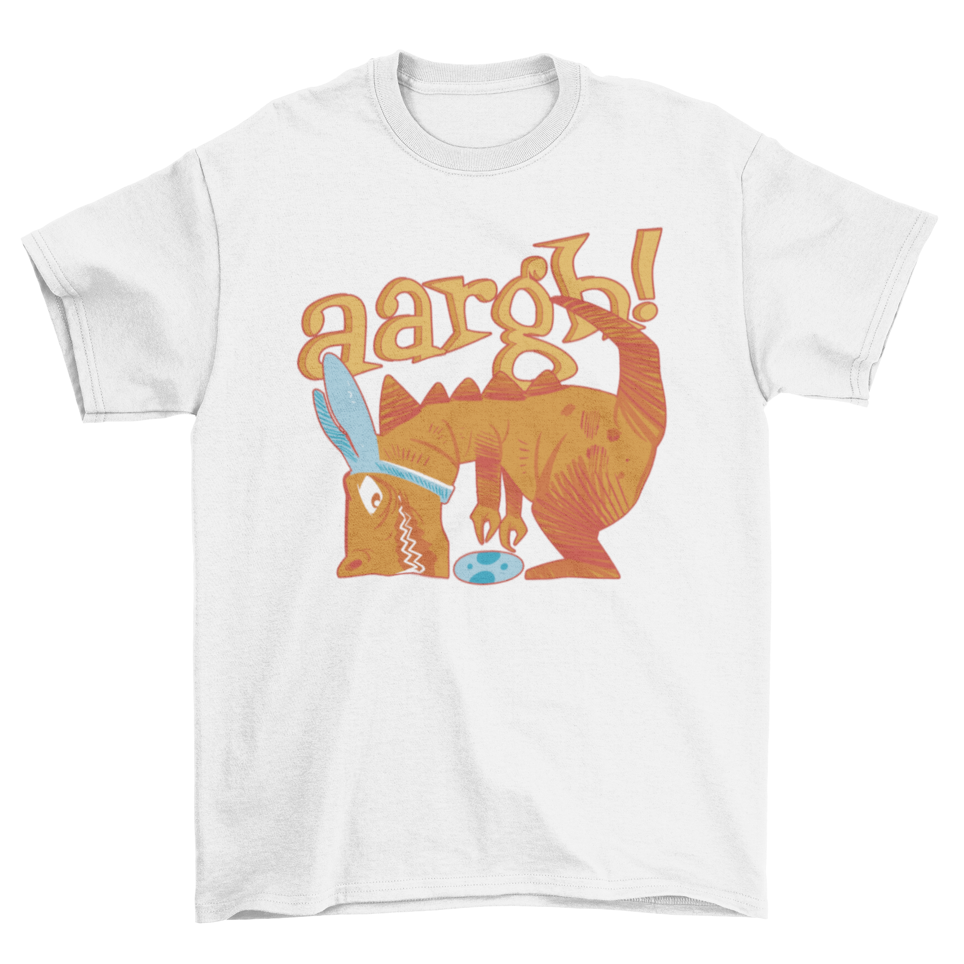 A vibrant t-shirt featuring a T-rex dinosaur picking up an Easter egg with the quote 'Aaargh'.