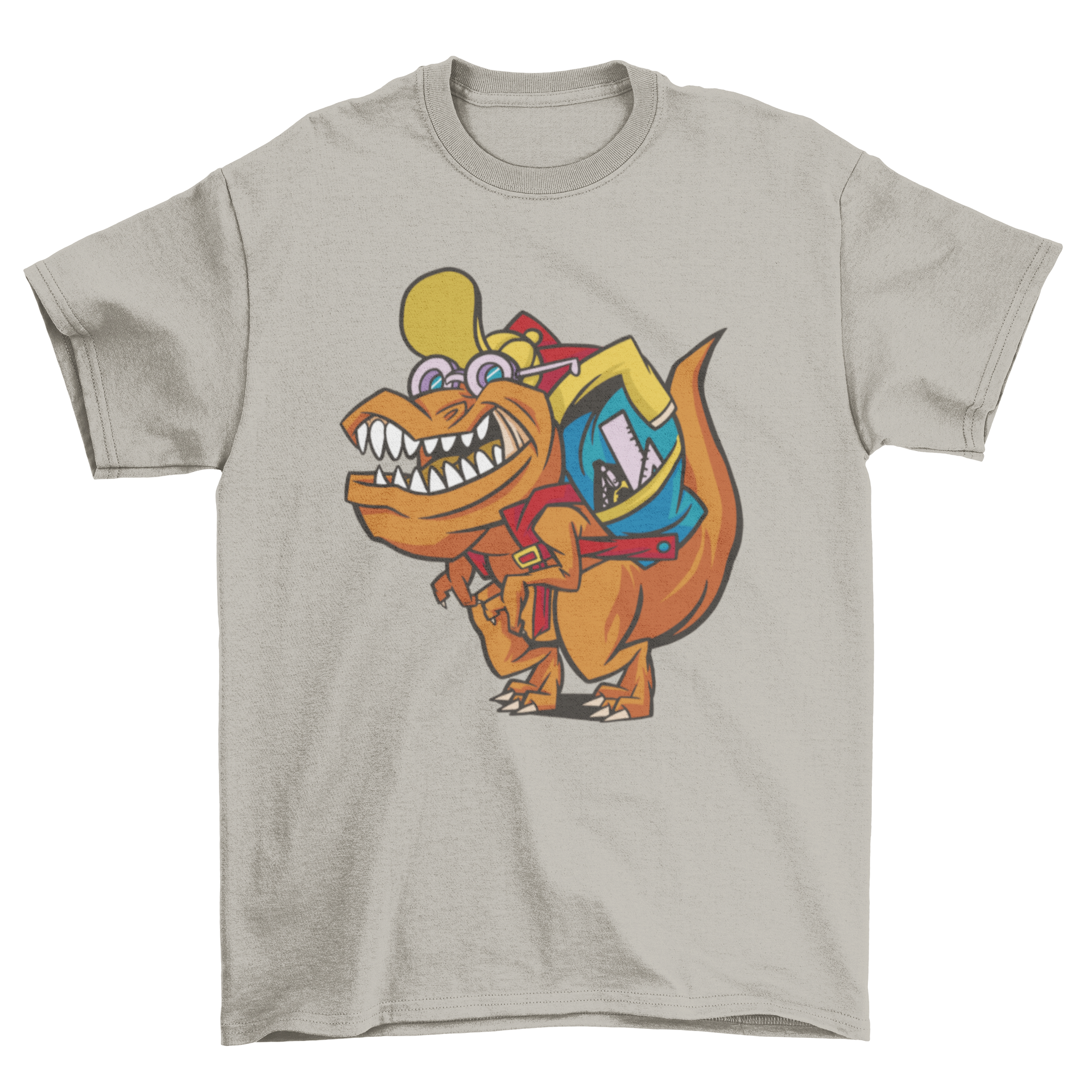 A colorful t-shirt featuring a friendly T-rex dinosaur carrying a school backpack, perfect for kids.