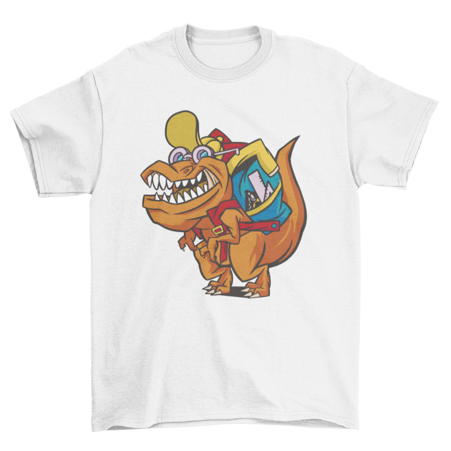 A colorful t-shirt featuring a friendly T-rex dinosaur carrying a school backpack, perfect for kids.