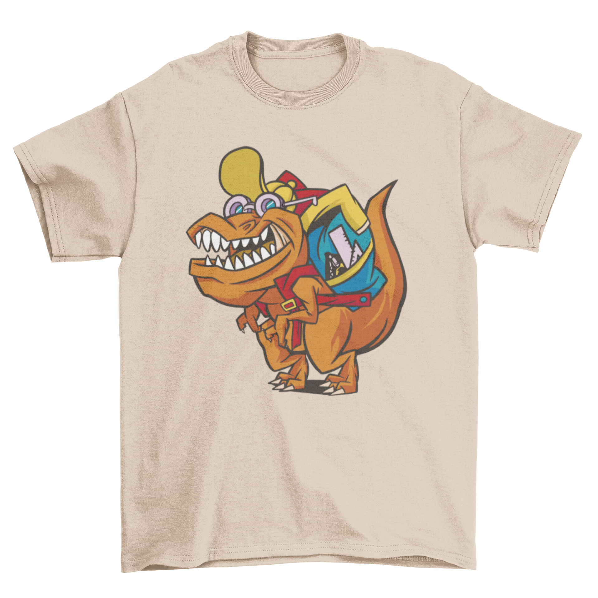 A colorful t-shirt featuring a friendly T-rex dinosaur carrying a school backpack, perfect for kids.