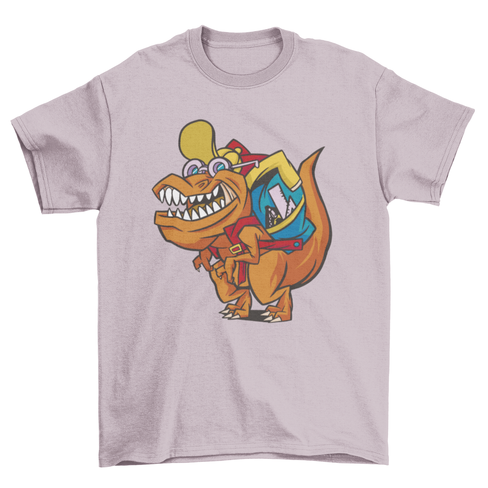 A colorful t-shirt featuring a friendly T-rex dinosaur carrying a school backpack, perfect for kids.