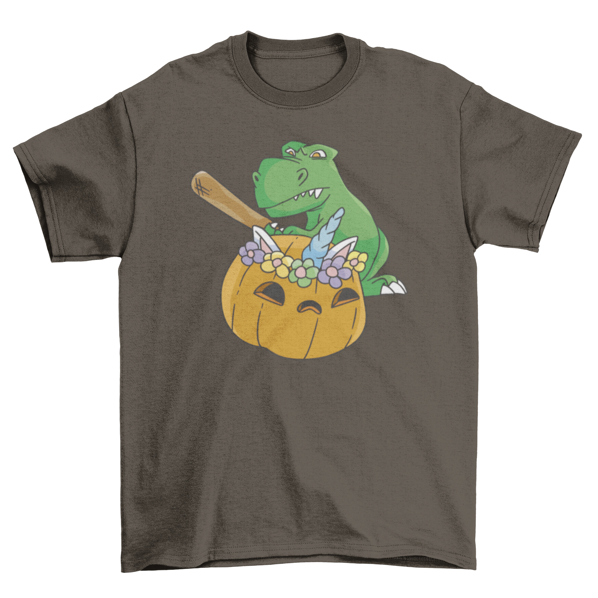 A colorful cartoon-style t-shirt featuring a T-rex smashing a unicorn pumpkin, showcasing a fun and whimsical design.