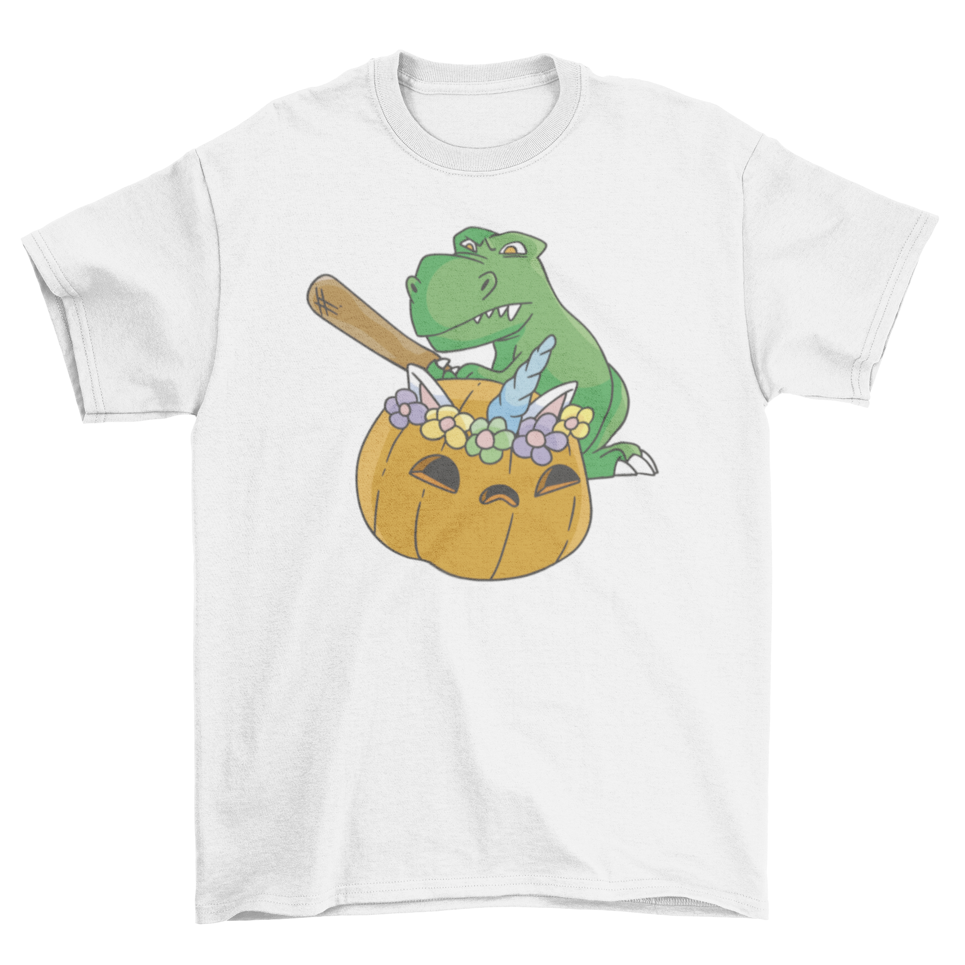 A colorful cartoon-style t-shirt featuring a T-rex smashing a unicorn pumpkin, showcasing a fun and whimsical design.