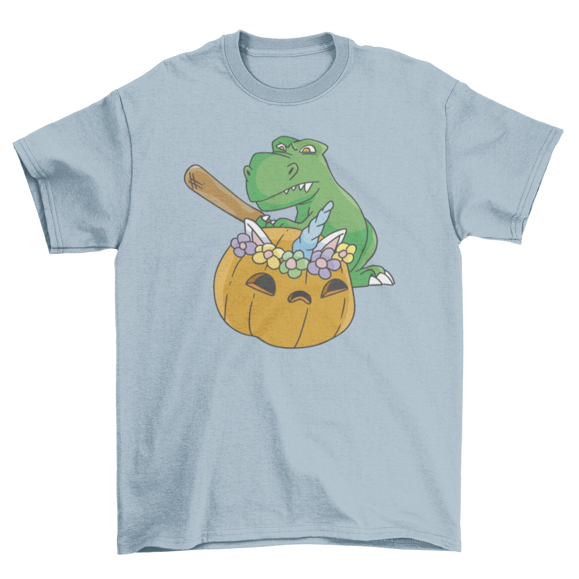 A colorful cartoon-style t-shirt featuring a T-rex smashing a unicorn pumpkin, showcasing a fun and whimsical design.