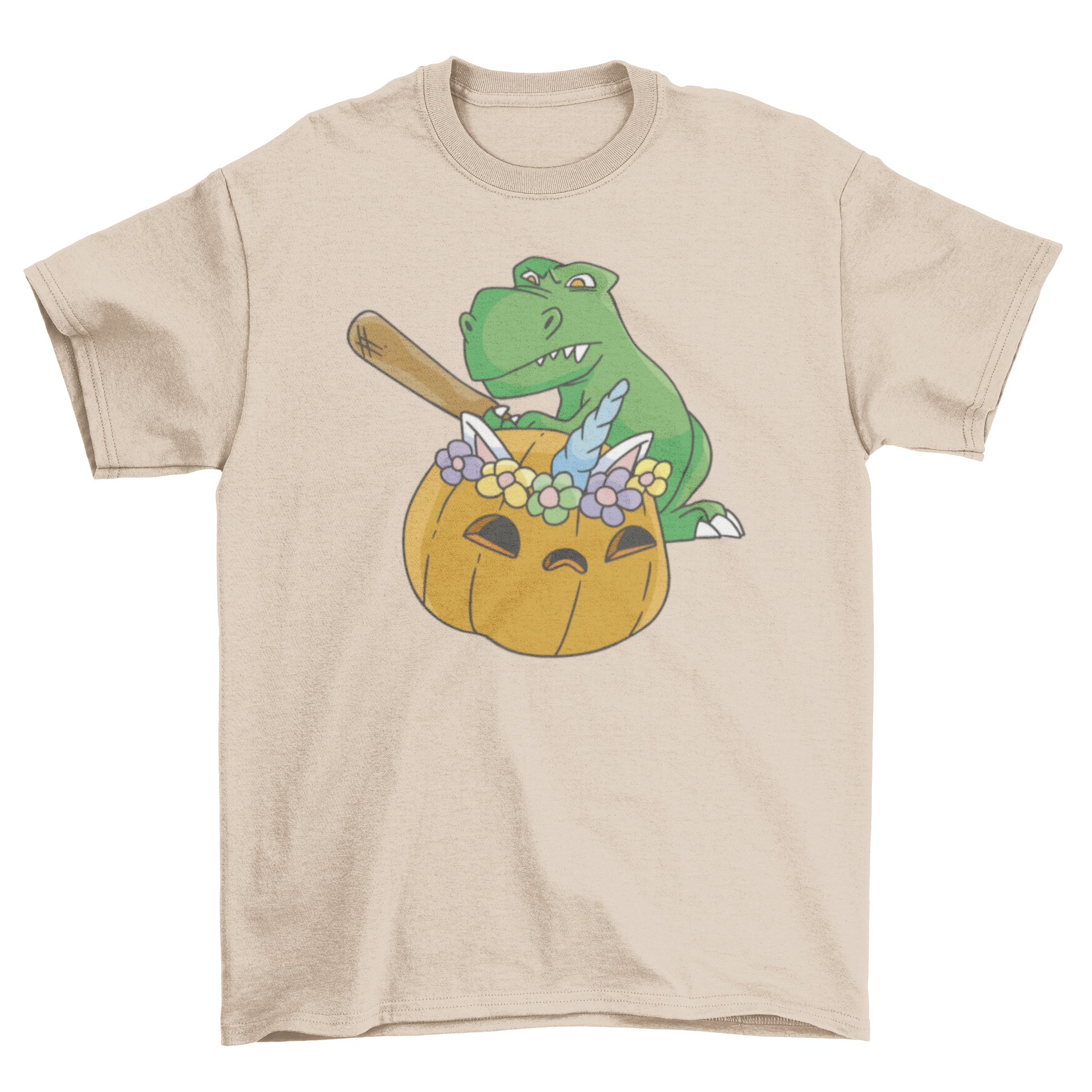 A colorful cartoon-style t-shirt featuring a T-rex smashing a unicorn pumpkin, showcasing a fun and whimsical design.