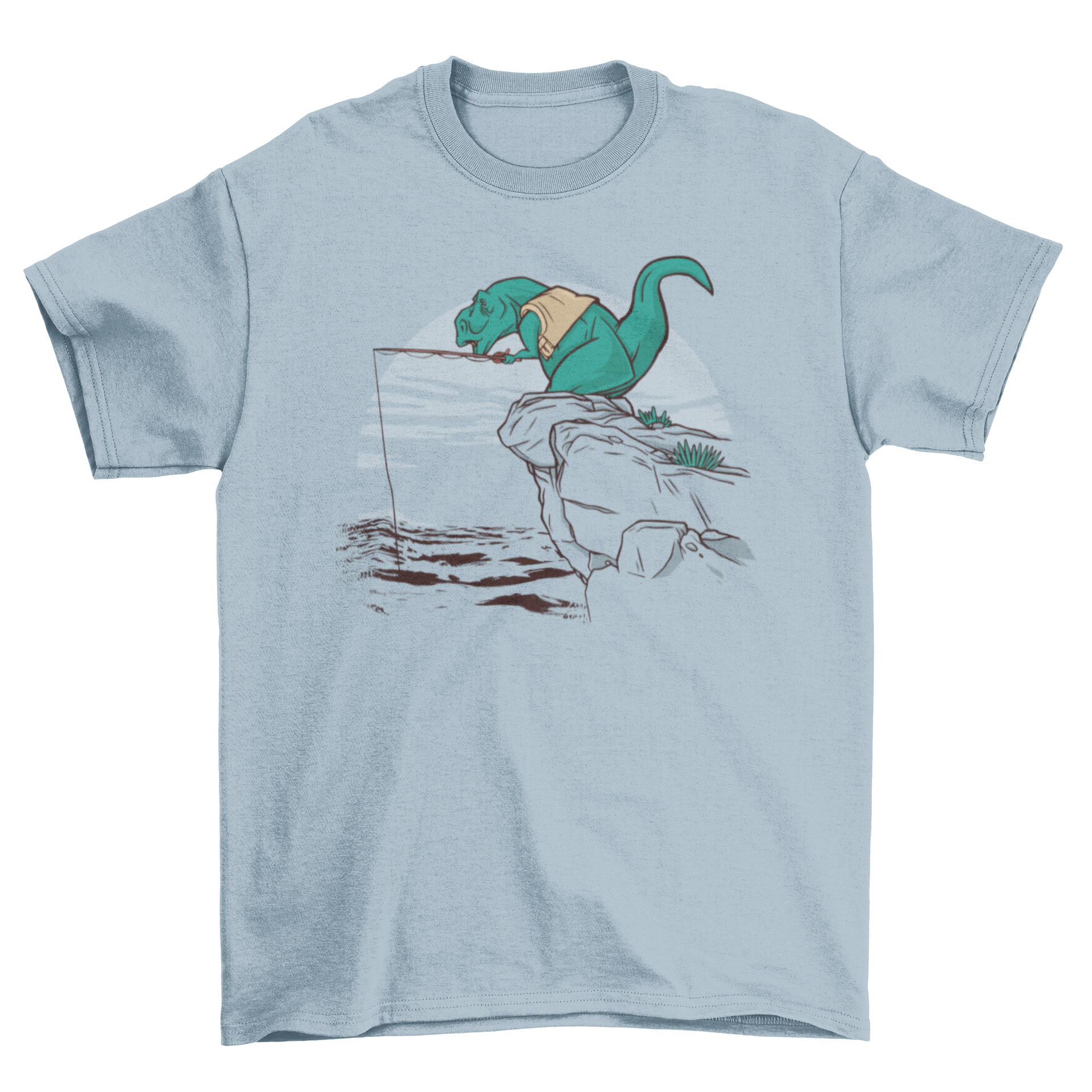 A vibrant t-shirt featuring a T-rex fishing on a cliff, showcasing a fun and unique design.