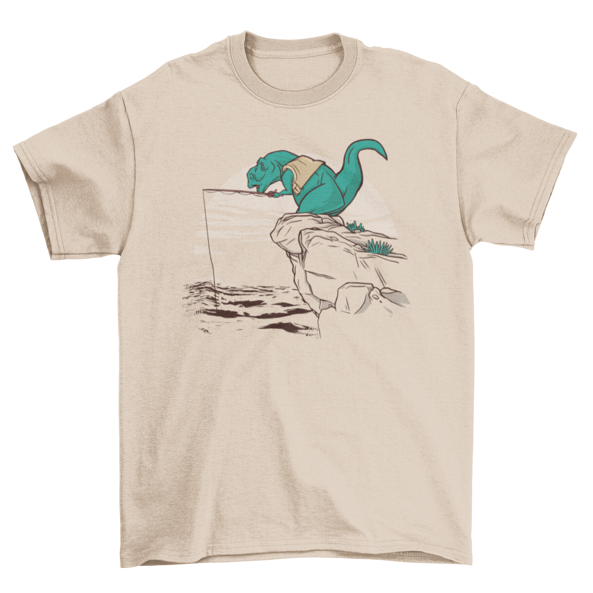 A vibrant t-shirt featuring a T-rex fishing on a cliff, showcasing a fun and unique design.