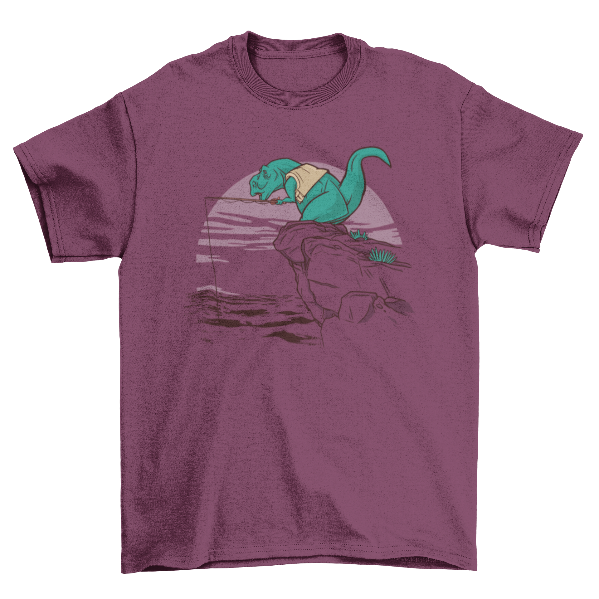 A vibrant t-shirt featuring a T-rex fishing on a cliff, showcasing a fun and unique design.