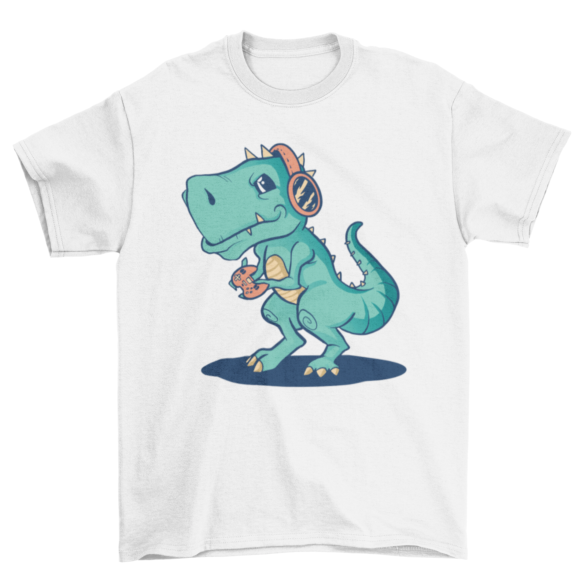 A humorous T-Rex wearing a headset and holding a gaming controller on a t-shirt.