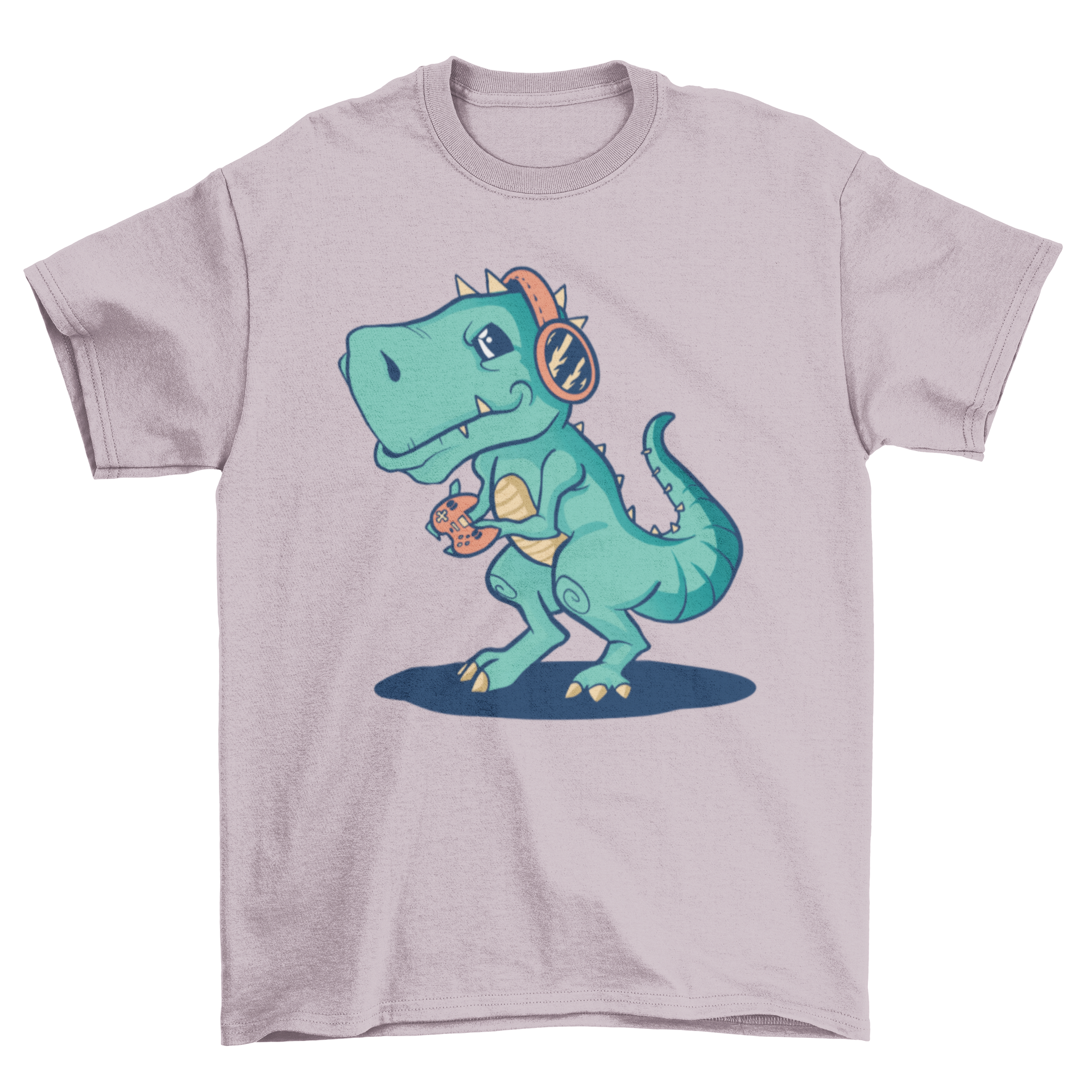 A humorous T-Rex wearing a headset and holding a gaming controller on a t-shirt.