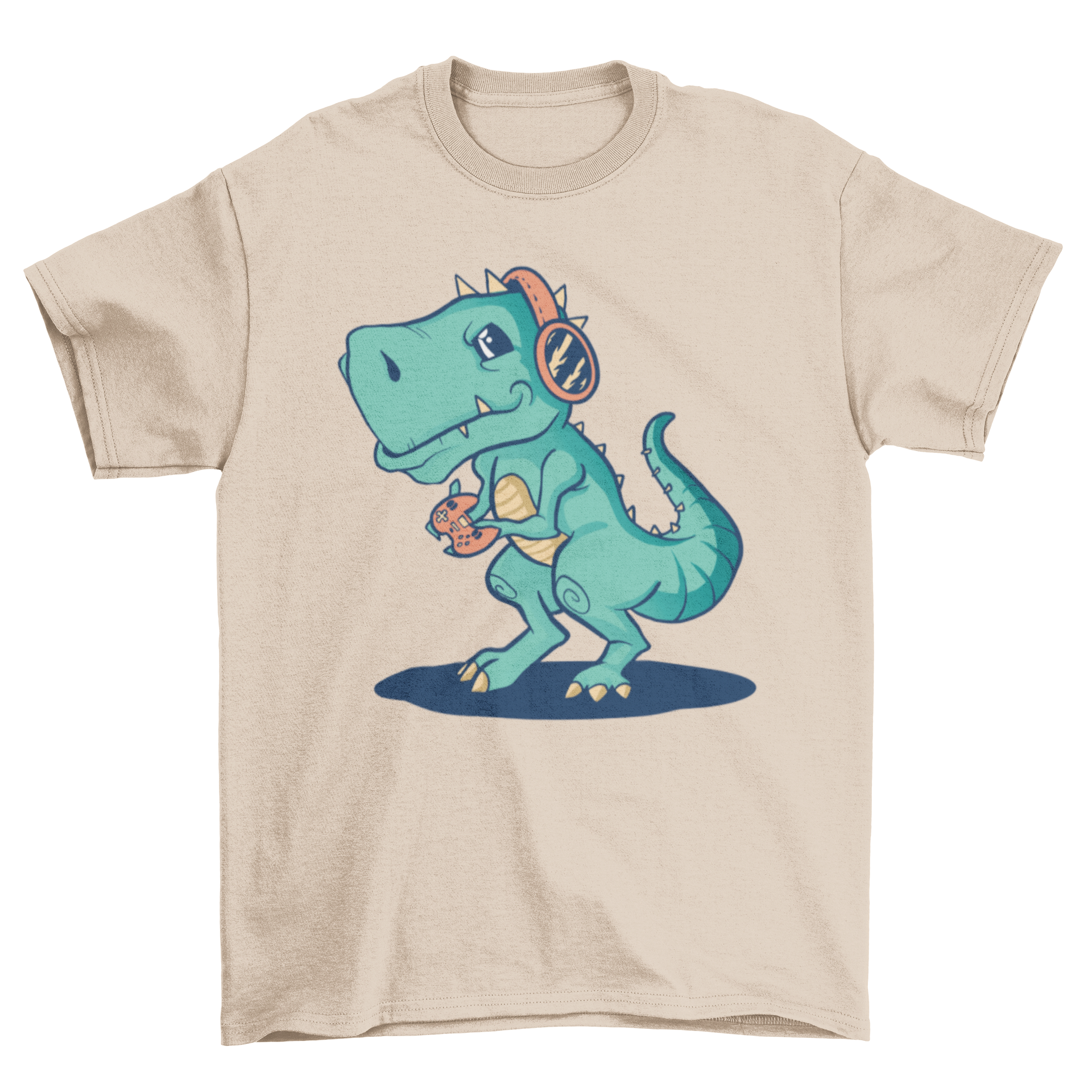 A humorous T-Rex wearing a headset and holding a gaming controller on a t-shirt.