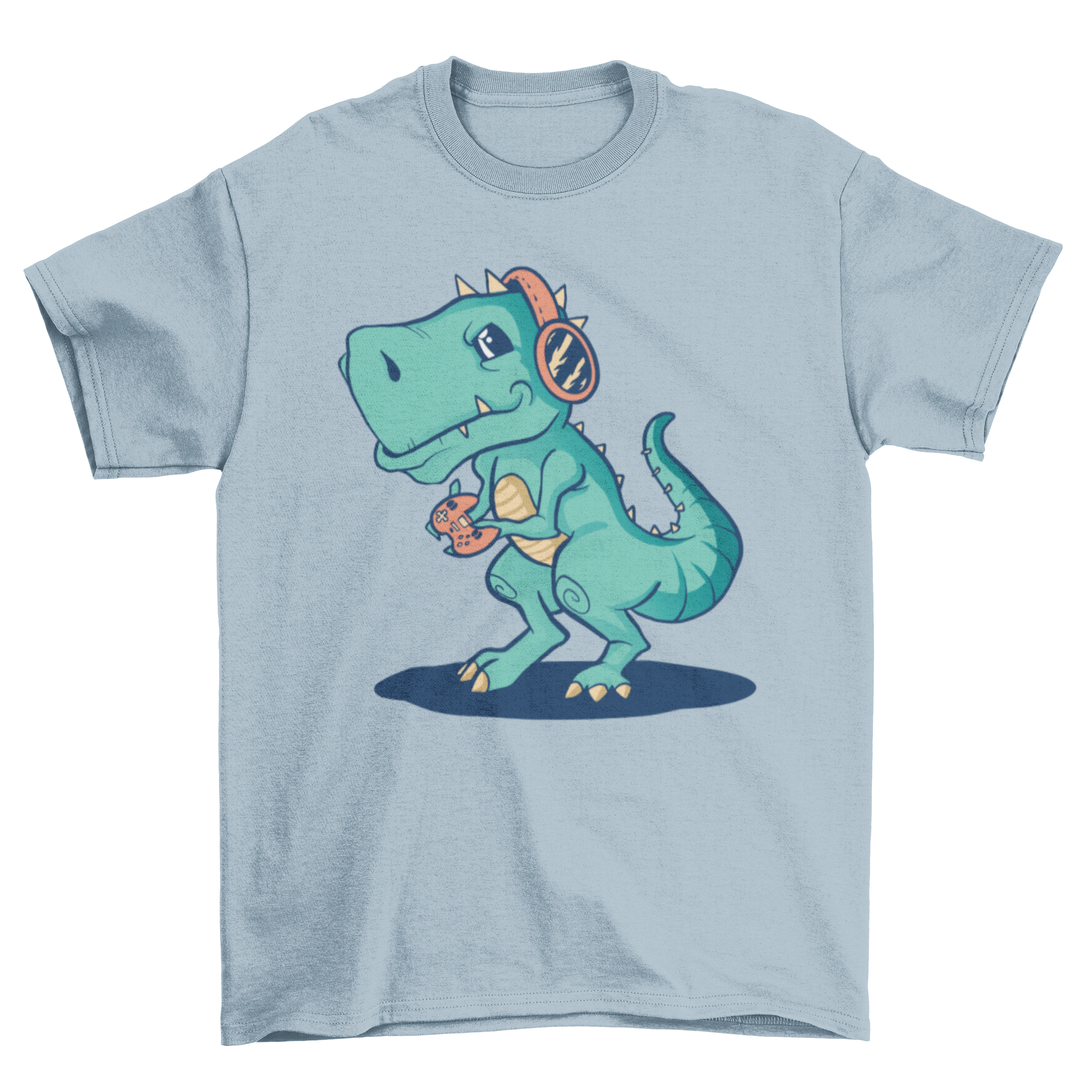 A humorous T-Rex wearing a headset and holding a gaming controller on a t-shirt.