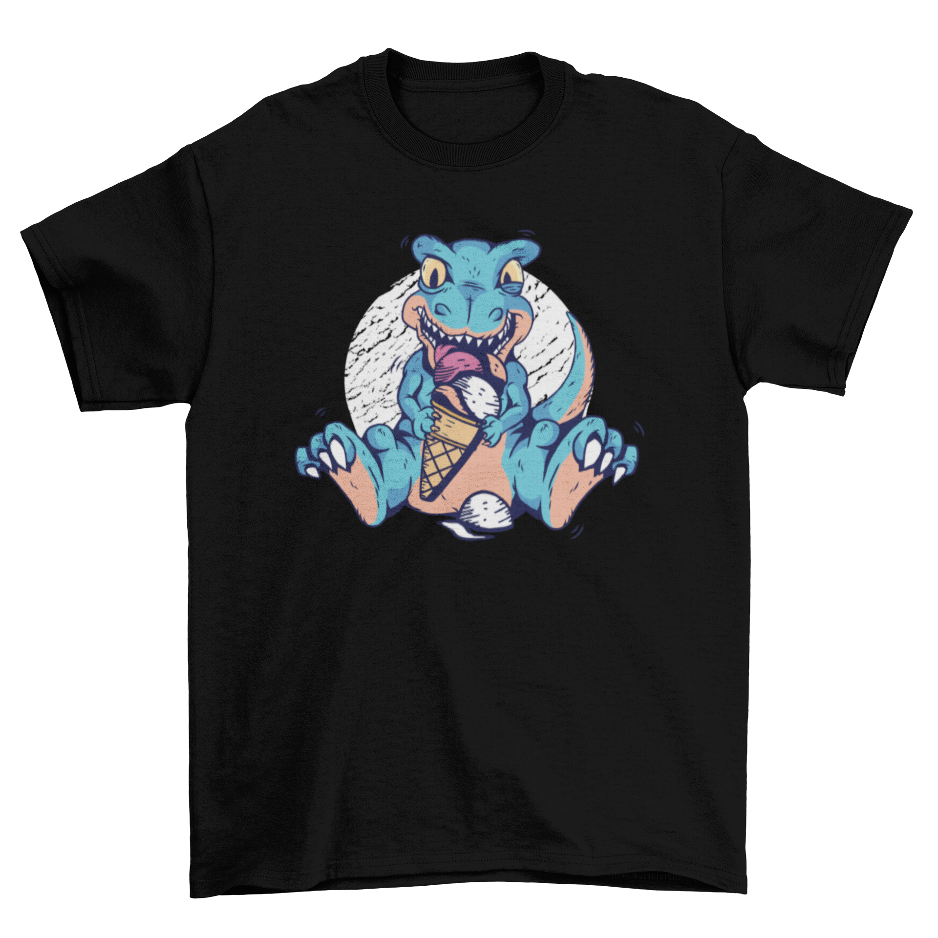 A colorful t-shirt featuring a T-rex happily eating an ice cream cone, showcasing a fun and playful design.