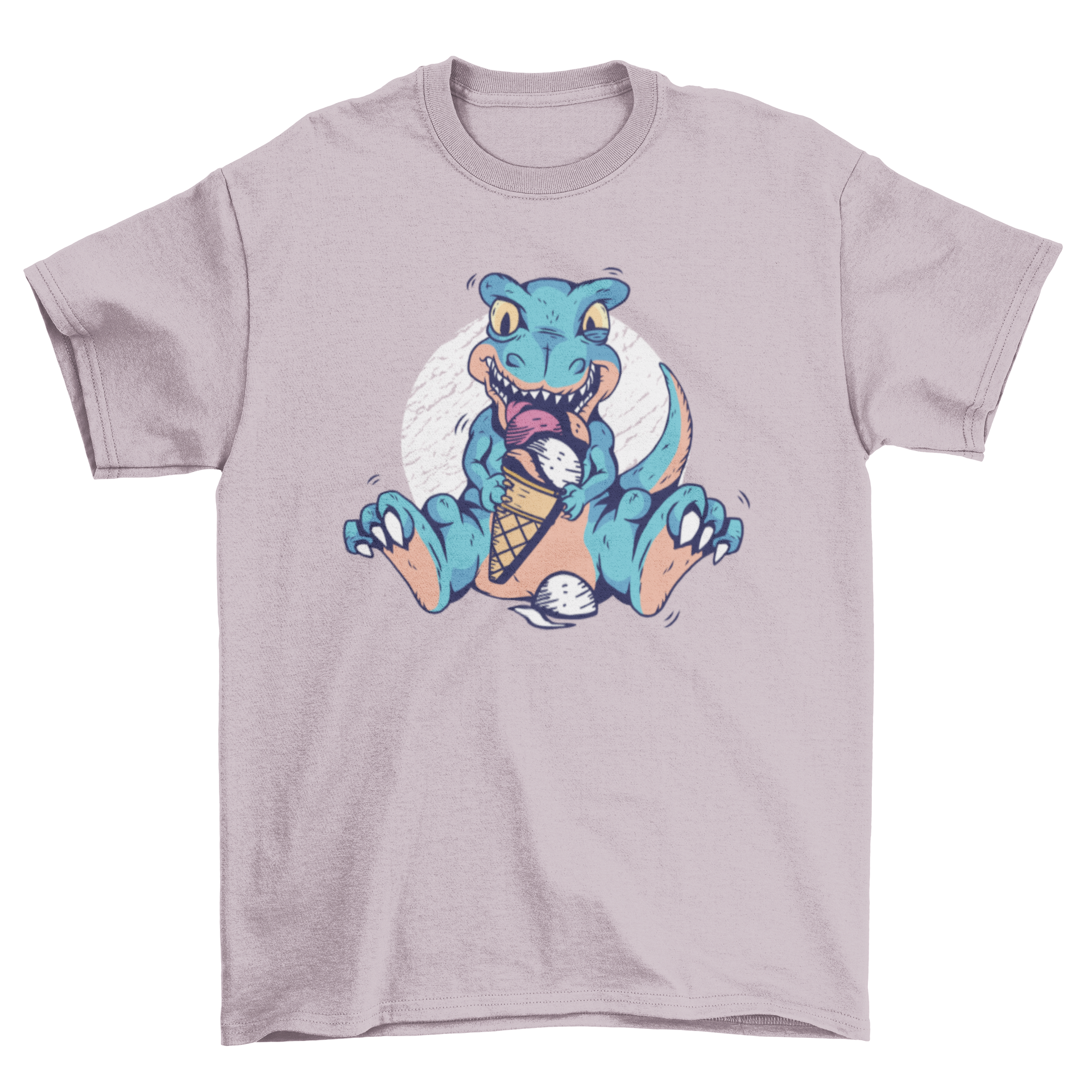 A colorful t-shirt featuring a T-rex happily eating an ice cream cone, showcasing a fun and playful design.