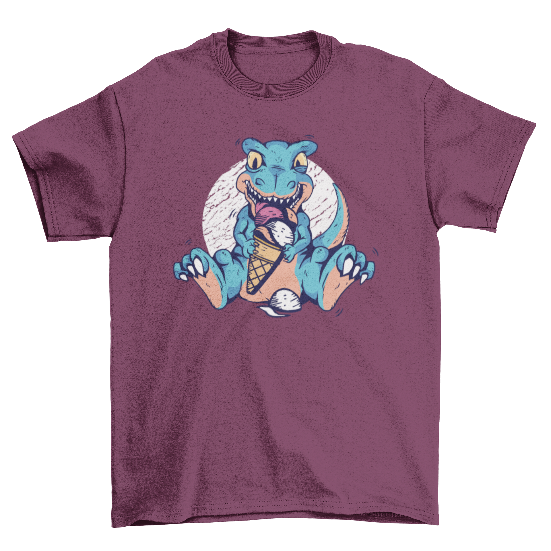 A colorful t-shirt featuring a T-rex happily eating an ice cream cone, showcasing a fun and playful design.