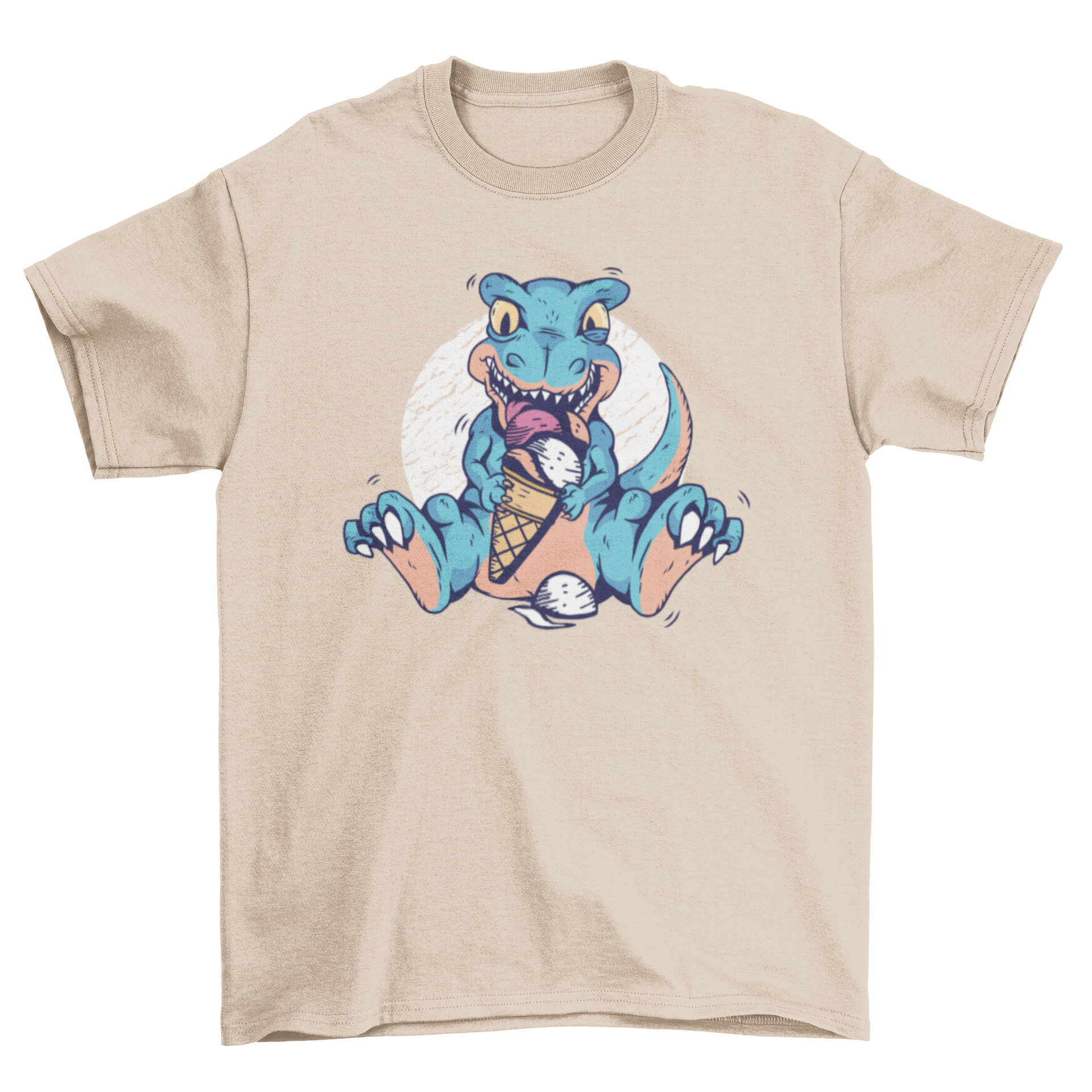 A colorful t-shirt featuring a T-rex happily eating an ice cream cone, showcasing a fun and playful design.