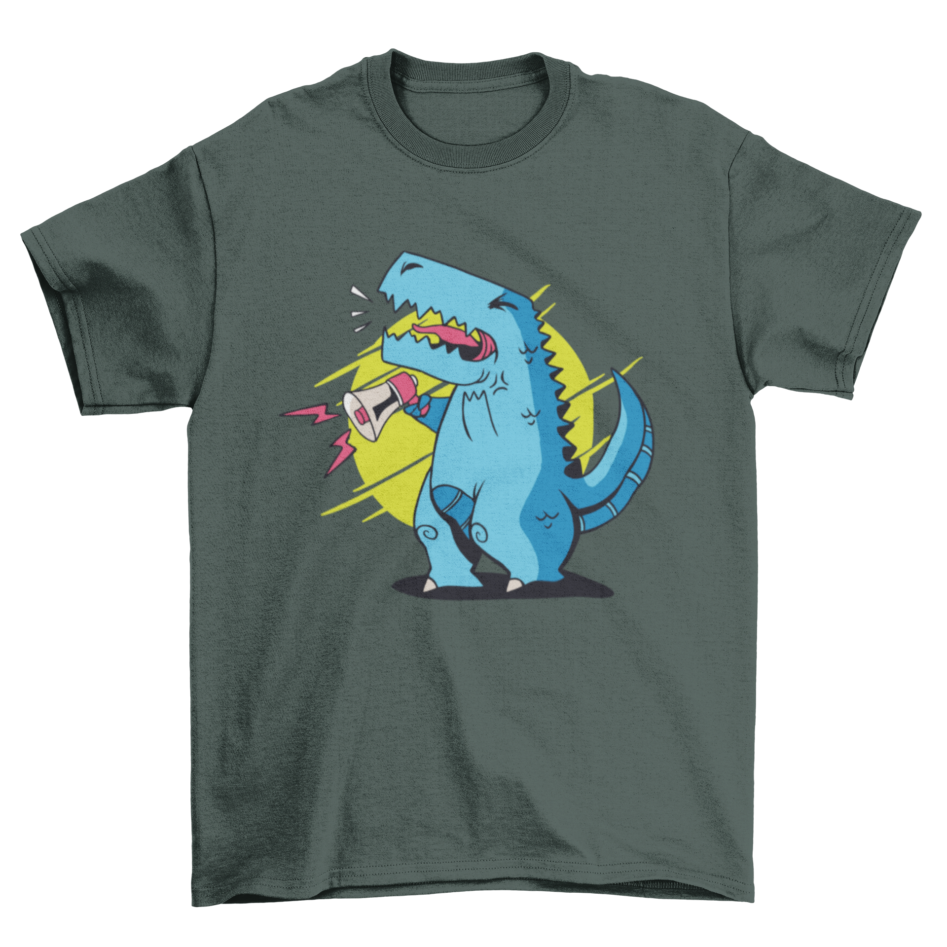 A vibrant T-rex yelling into a megaphone, perfect for T-shirt designs.