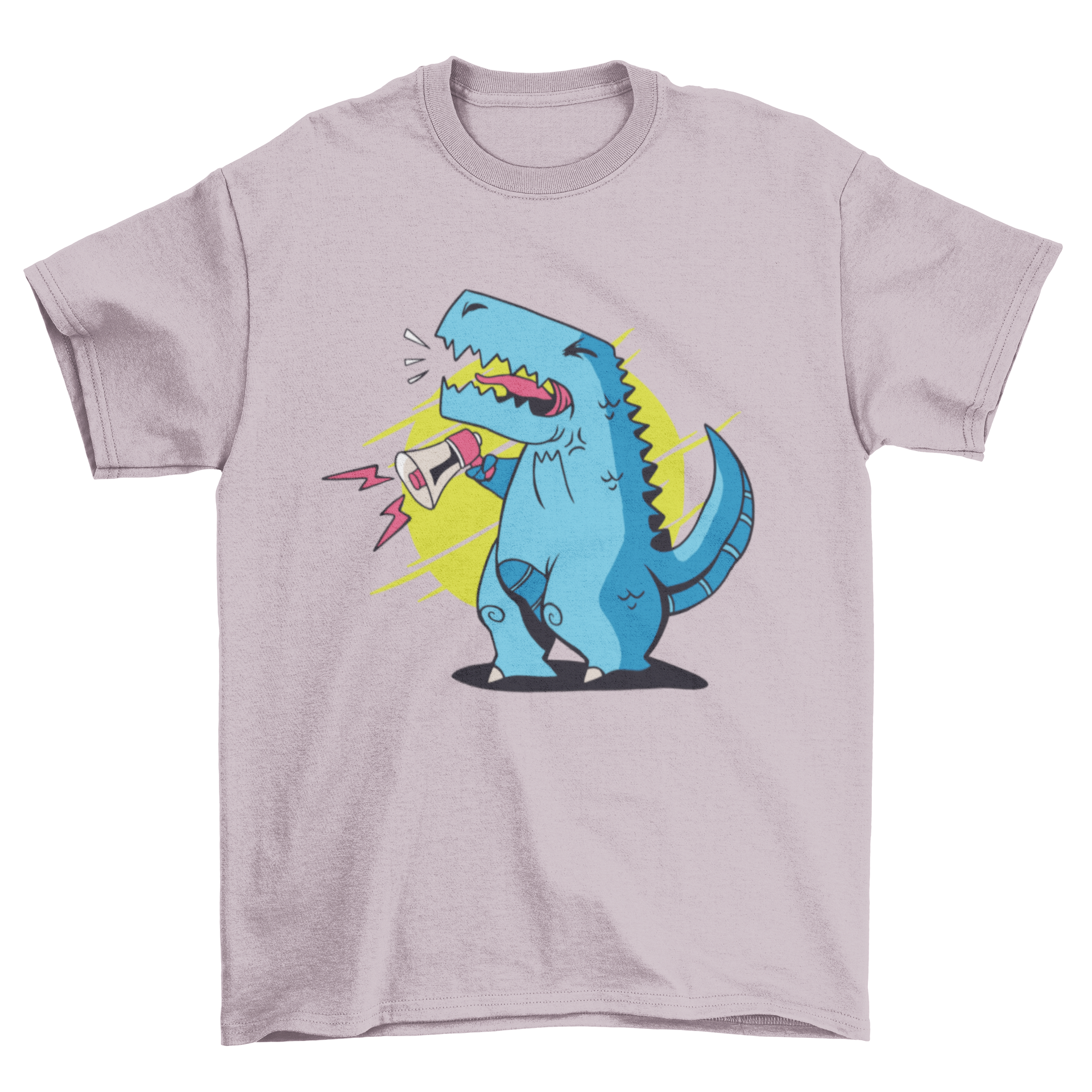 A vibrant T-rex yelling into a megaphone, perfect for T-shirt designs.