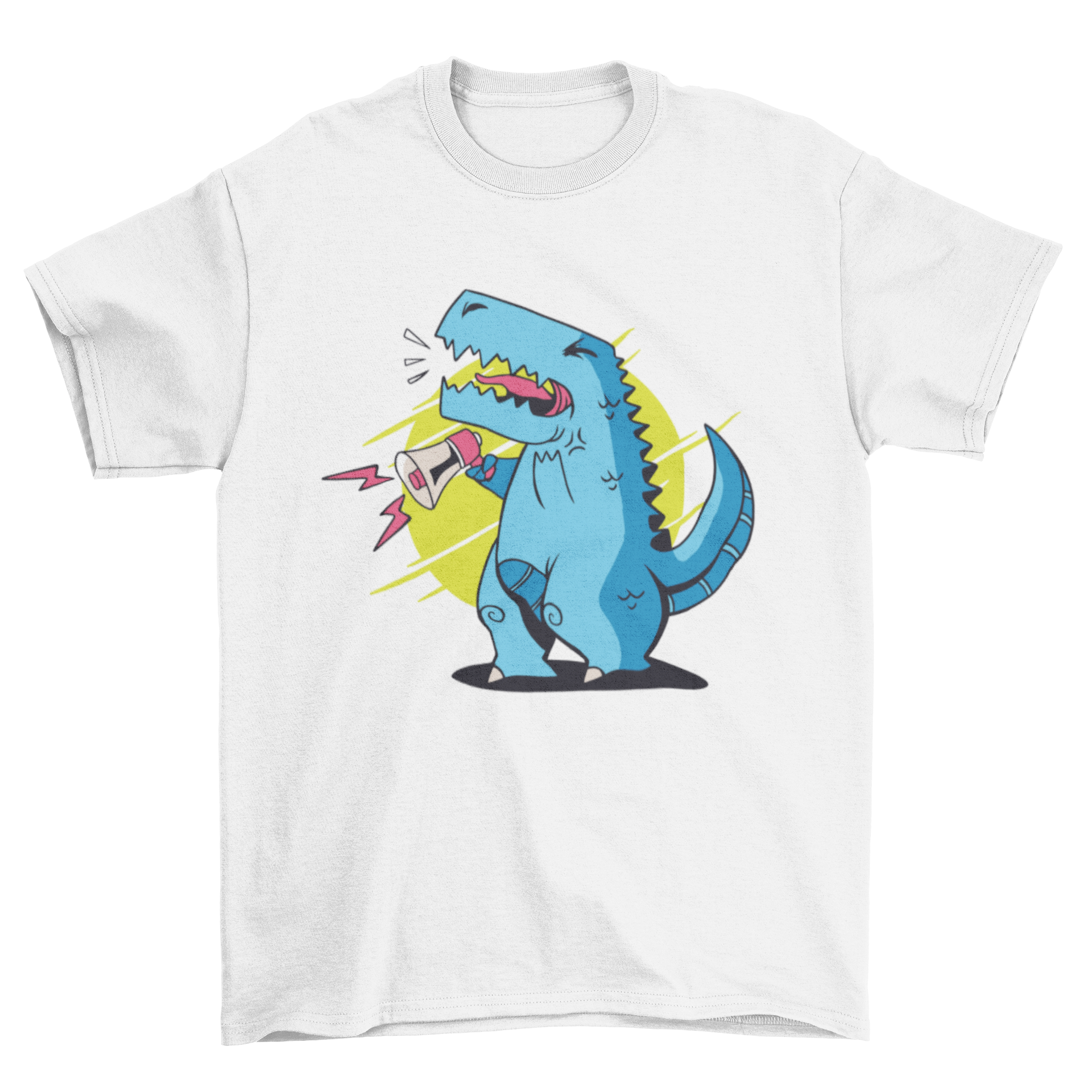 A vibrant T-rex yelling into a megaphone, perfect for T-shirt designs.