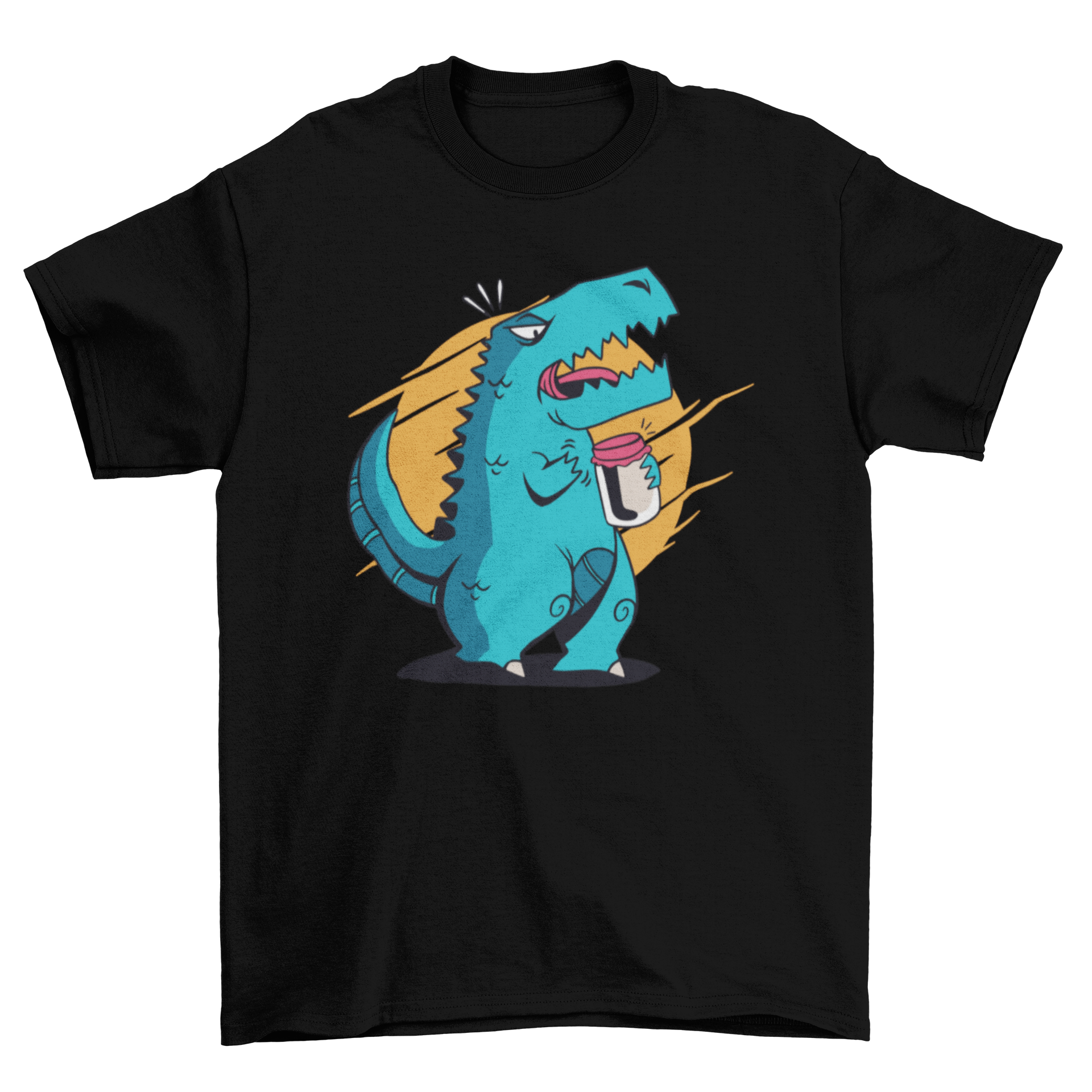 A playful T-rex cartoon attempting to open a jar on a stylish t-shirt.