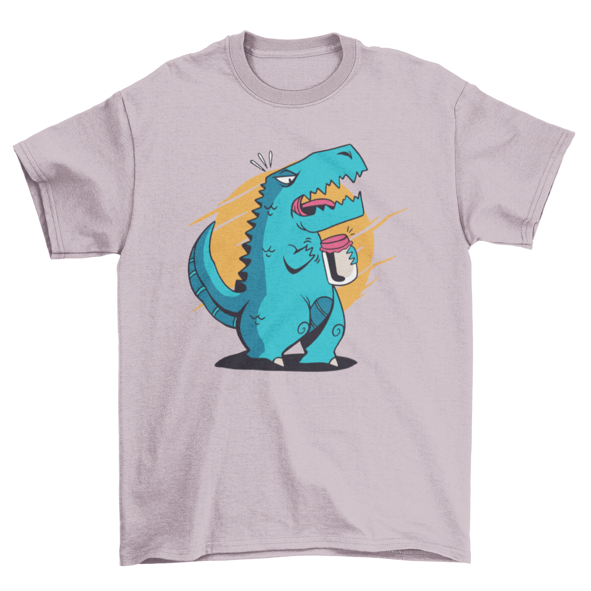 A playful T-rex cartoon attempting to open a jar on a stylish t-shirt.