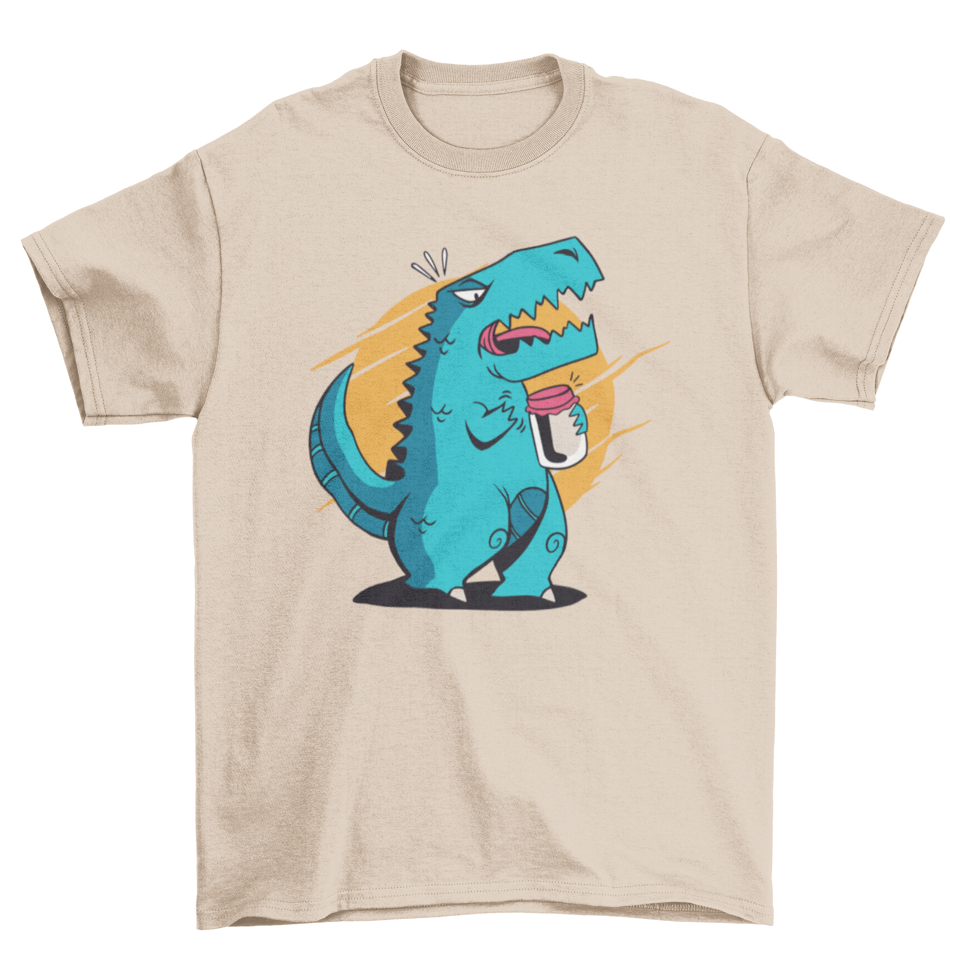 A playful T-rex cartoon attempting to open a jar on a stylish t-shirt.