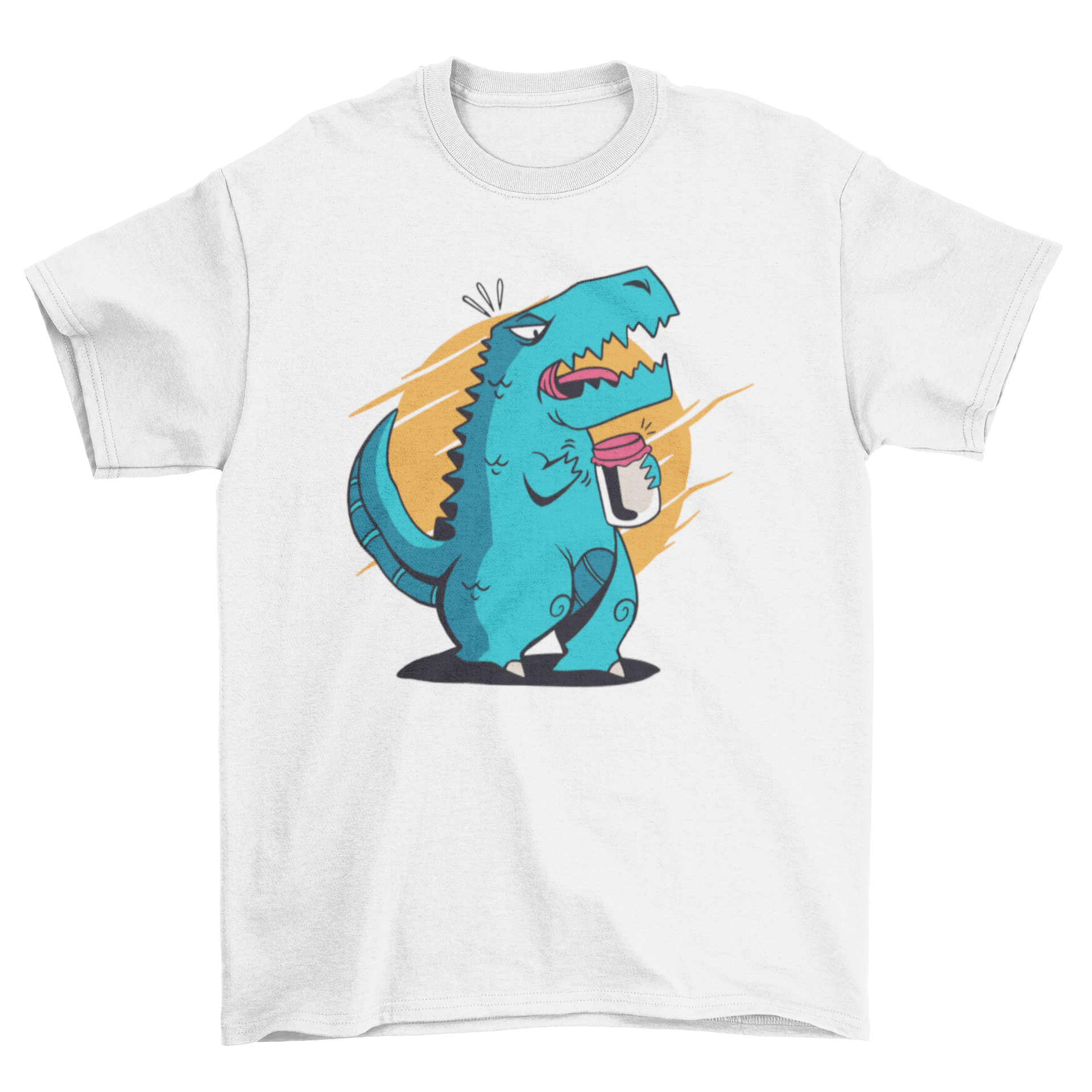 A playful T-rex cartoon attempting to open a jar on a stylish t-shirt.