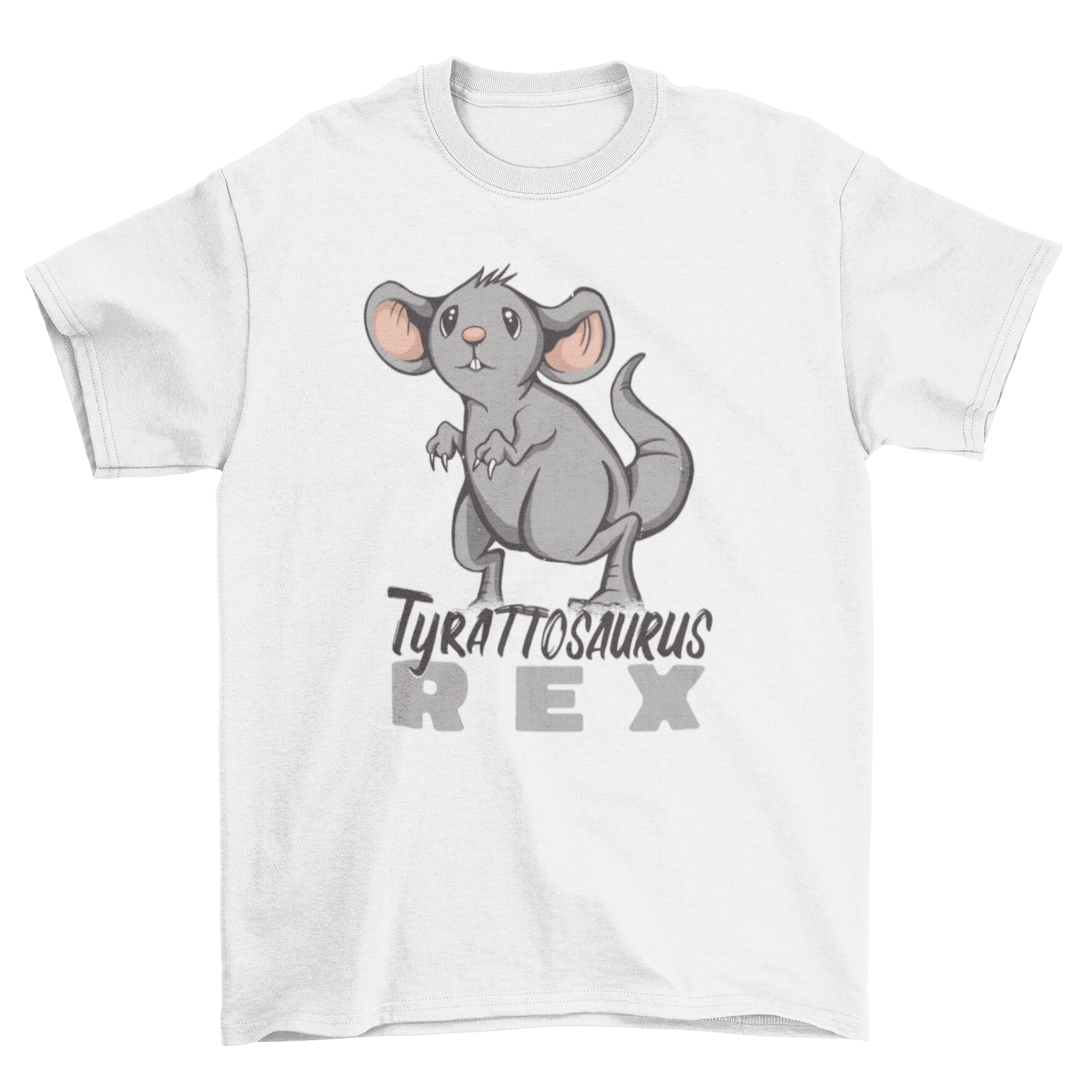 A humorous t-shirt featuring a rat posing like a dinosaur with the caption 'Tyrattosaurus Rex'.